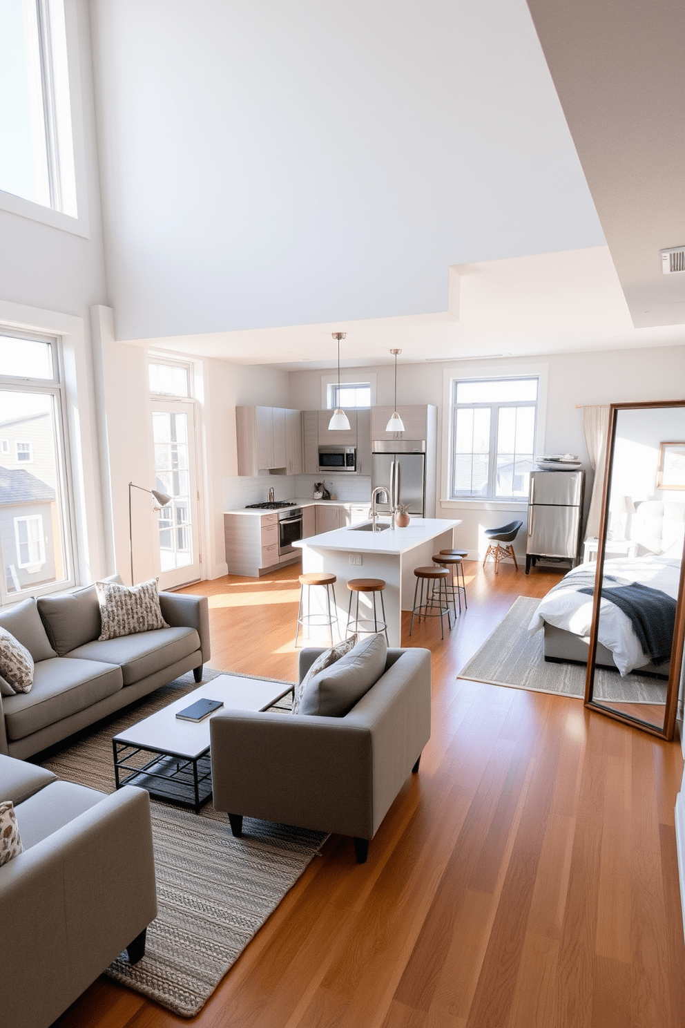 A stylish basement apartment featuring an open layout with large windows that allow natural light to flood the space. The living area includes a cozy sectional sofa facing a sleek coffee table, while a modern rug adds warmth to the hardwood floor. In the kitchen, a minimalist island serves as both a cooking space and a casual dining area. The cabinetry is a soft gray, complemented by stainless steel appliances and subtle pendant lighting overhead. The bedroom showcases a comfortable queen-sized bed with plush bedding and a statement headboard. A full-length mirror is strategically placed to enhance the sense of space and reflect light, while a small desk area provides a functional workspace.