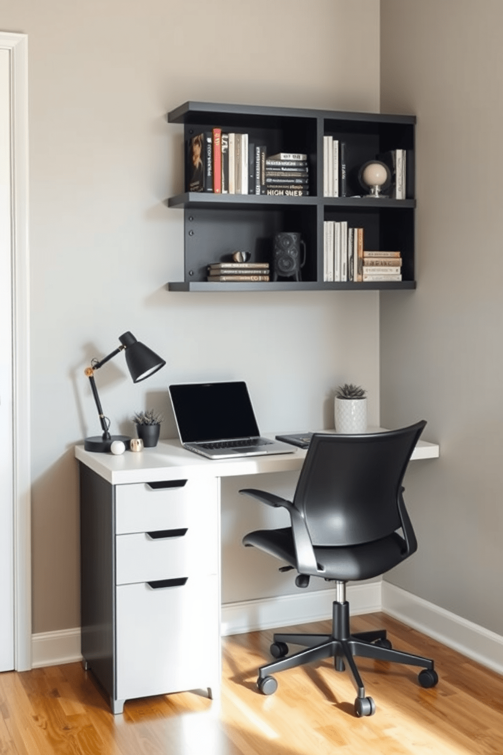 Create a dedicated workspace with a sleek modern desk positioned against a wall. The desk features minimalistic design elements and is complemented by a comfortable ergonomic chair. The walls are painted in a soft gray tone, creating a calming atmosphere. Shelves filled with books and decorative items add personality and functionality to the space.