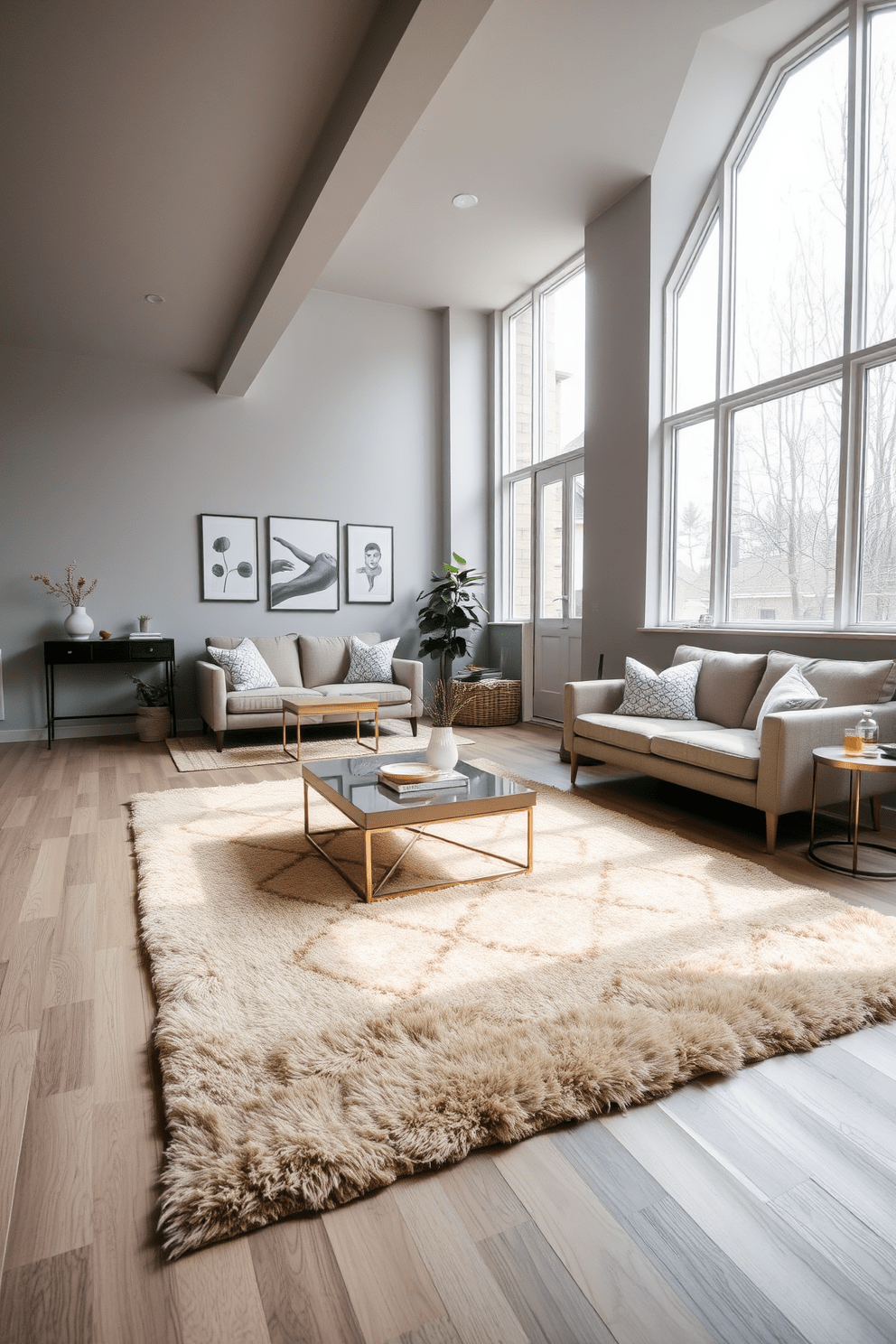 A cozy basement apartment featuring layered rugs that add warmth and texture to the space. The main living area includes a soft, oversized area rug topped with a smaller, patterned rug to create visual interest. The walls are painted in a light gray tone, enhancing the feeling of openness. Large windows allow natural light to flood in, illuminating the stylish furniture and decor throughout the apartment.