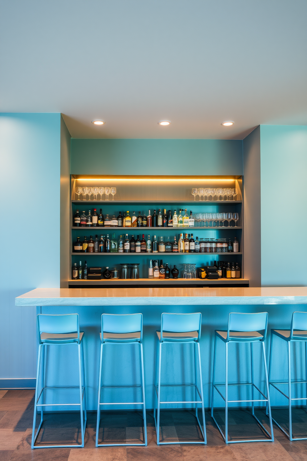 A modern minimalist bar featuring sleek lines and a clean aesthetic. The bar counter is made of polished concrete with minimalist bar stools arranged neatly in front. Behind the bar, there are open shelves displaying a curated selection of spirits and glassware. The walls are painted in a soft gray, complemented by subtle recessed lighting that enhances the contemporary vibe.