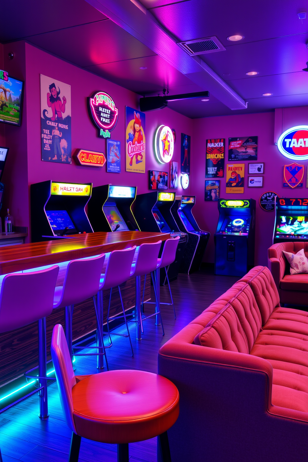 A vibrant game room bar featuring classic arcade machines lined against one wall. The bar area includes sleek high-top stools and a polished wooden counter with colorful LED lighting underneath. The walls are adorned with retro posters and neon signs, creating a lively atmosphere. A plush lounge area with a sectional sofa and coffee table is positioned nearby for relaxation and socializing.