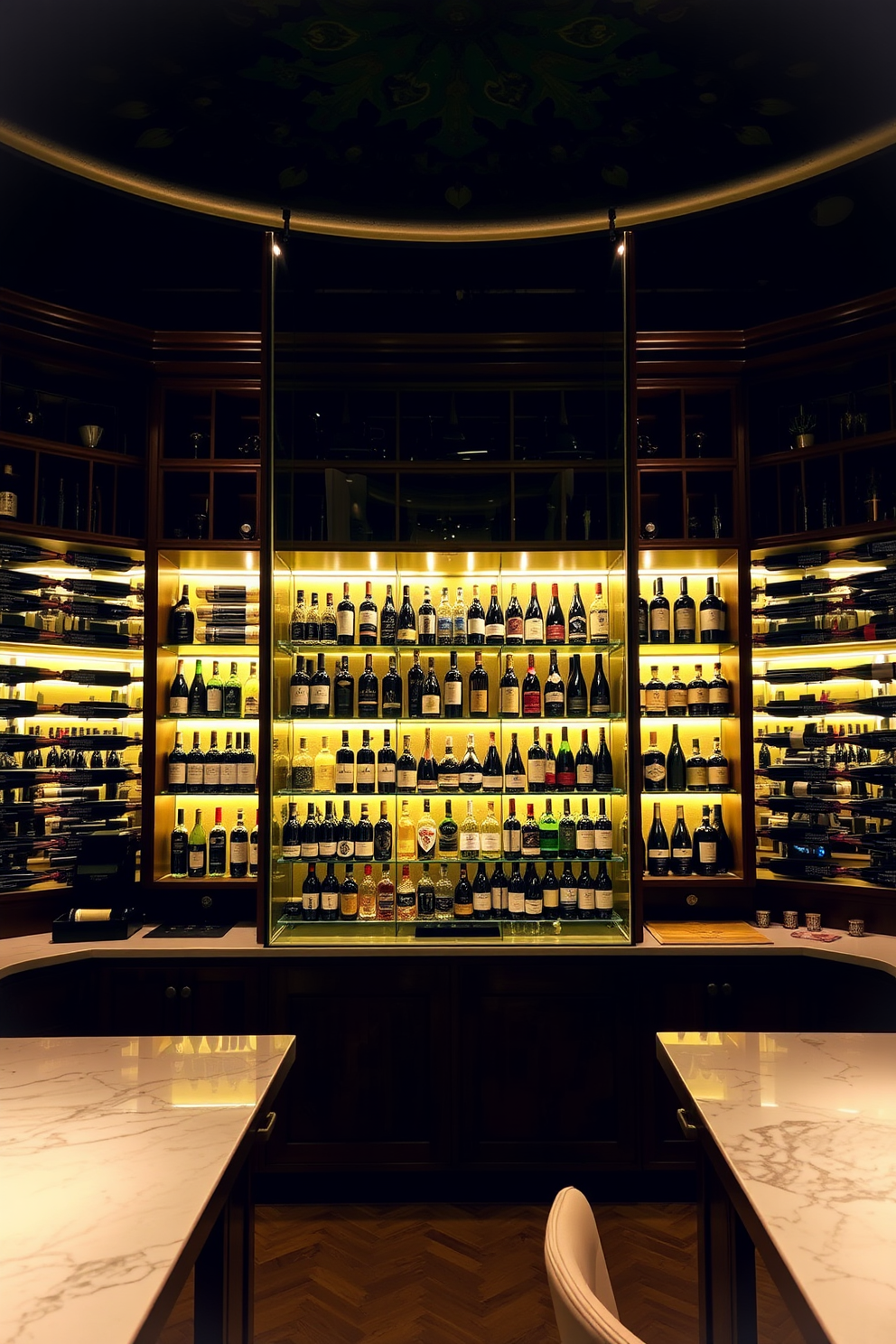 A luxurious wine cellar bar featuring a glass display for showcasing an extensive collection of fine wines. The space is illuminated with soft ambient lighting, highlighting the rich wooden shelving and elegant marble countertops.