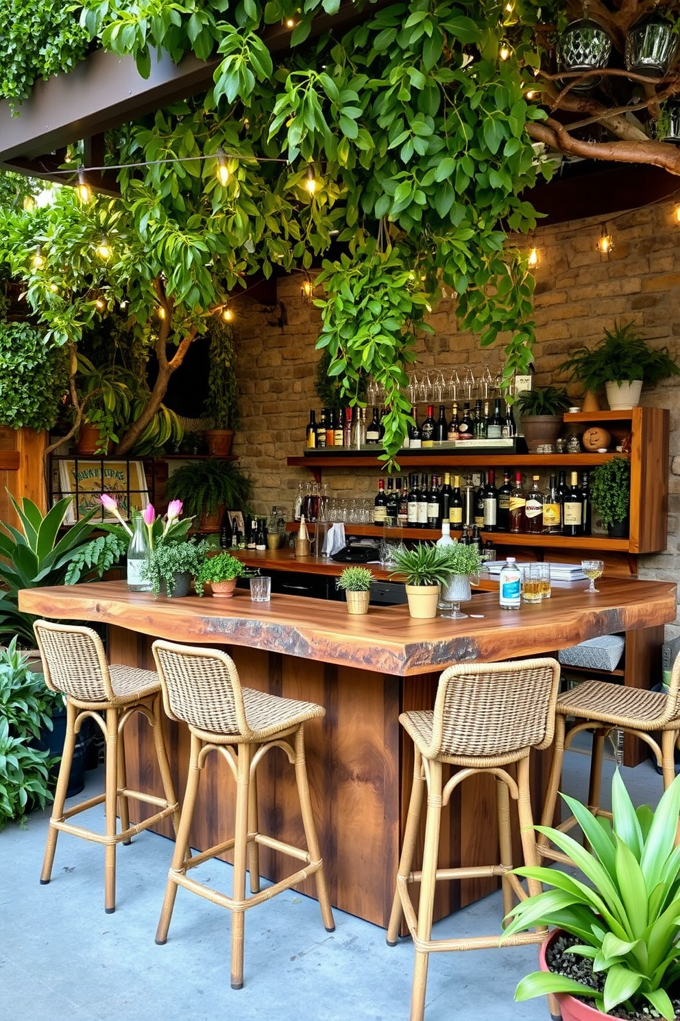 An outdoor-inspired bar featuring natural elements. The bar is crafted from reclaimed wood with a live edge countertop, surrounded by lush greenery and potted plants. Bar stools made of wicker provide comfortable seating, while string lights overhead create a warm and inviting atmosphere. A stone accent wall adds texture, and a rustic wooden shelf displays an array of spirits and glassware.