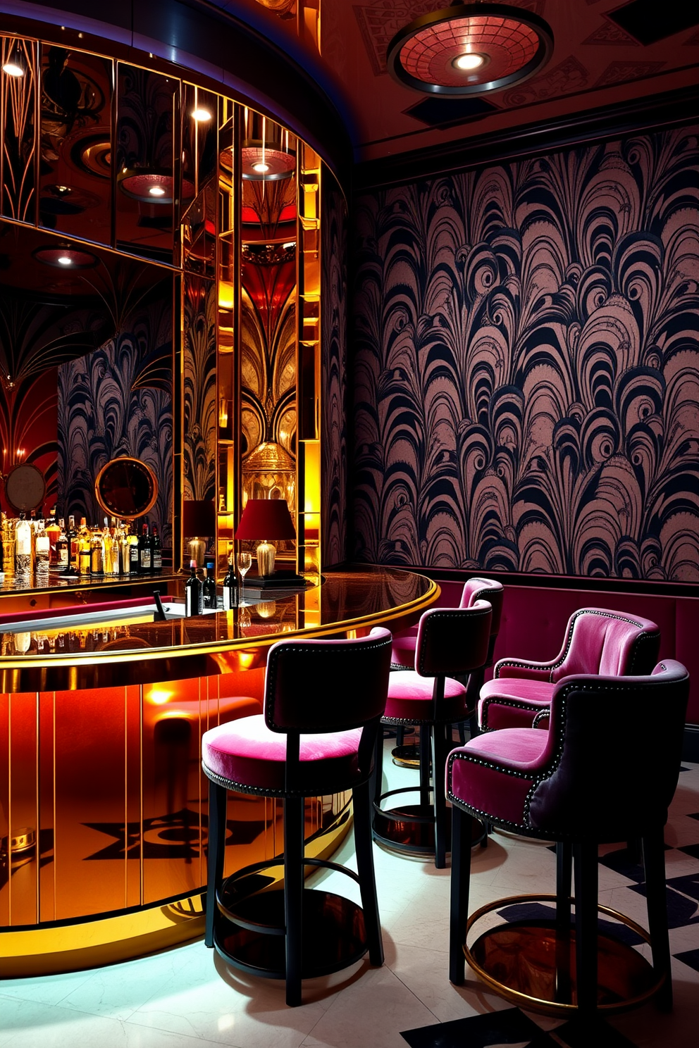 A glamorous art deco bar featuring bold geometric patterns and rich colors. The bar is adorned with a polished brass countertop and a backdrop of mirrored panels reflecting the intricate designs. Elegant bar stools with velvet upholstery line the counter, while ambient lighting casts a warm glow over the space. The walls are decorated with vintage-inspired wallpaper showcasing art deco motifs, creating a sophisticated atmosphere.