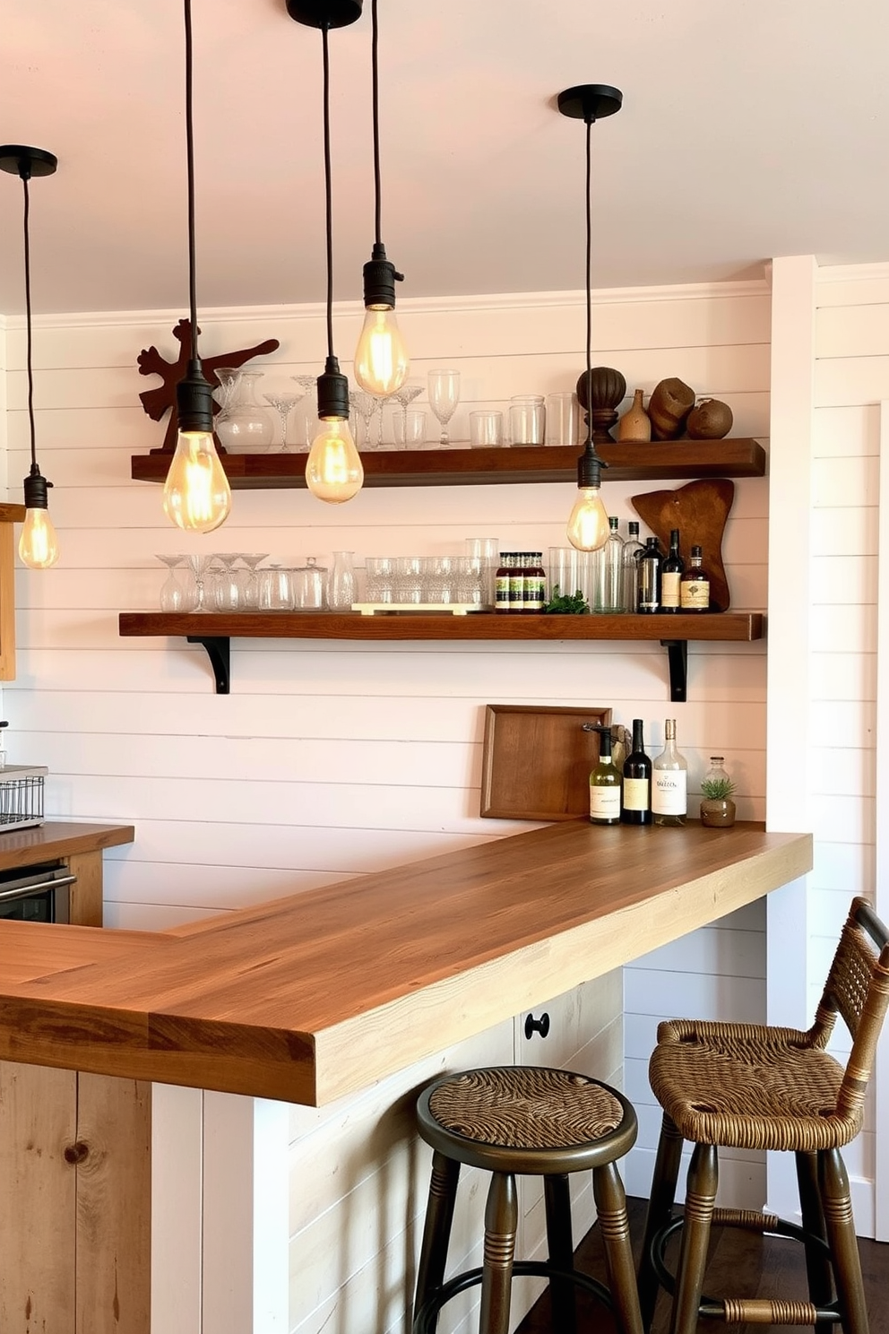 A cozy farmhouse style bar features shiplap walls painted in a soft white hue. The bar itself is made of reclaimed wood with a rustic finish, complemented by vintage bar stools with woven seats. Hanging pendant lights with Edison bulbs illuminate the space, creating a warm ambiance. A wooden shelf displays an assortment of glassware and rustic decor, enhancing the inviting atmosphere.