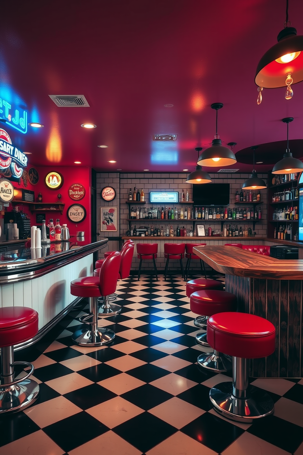 A vibrant retro diner bar setting featuring classic checkered flooring in black and white. The bar is adorned with bright red vinyl stools and a polished chrome counter, complemented by neon signs and vintage memorabilia on the walls. The basement bar area is designed for entertainment, with a cozy lounge section and a sleek bar top made of reclaimed wood. Shelves behind the bar display an array of colorful bottles, while warm pendant lights create an inviting atmosphere.