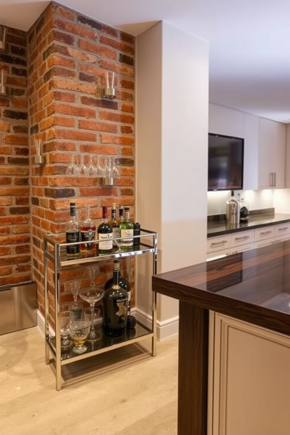 A sleek bar cart is positioned against a stylish backdrop of exposed brick and warm wood accents. The cart features a polished metal frame with glass shelves, adorned with an array of premium spirits and elegant glassware. The basement bar area is designed with a contemporary flair, showcasing a long, dark wood countertop that contrasts beautifully with light-colored cabinetry. Ambient lighting highlights the space, creating an inviting atmosphere perfect for entertaining guests.