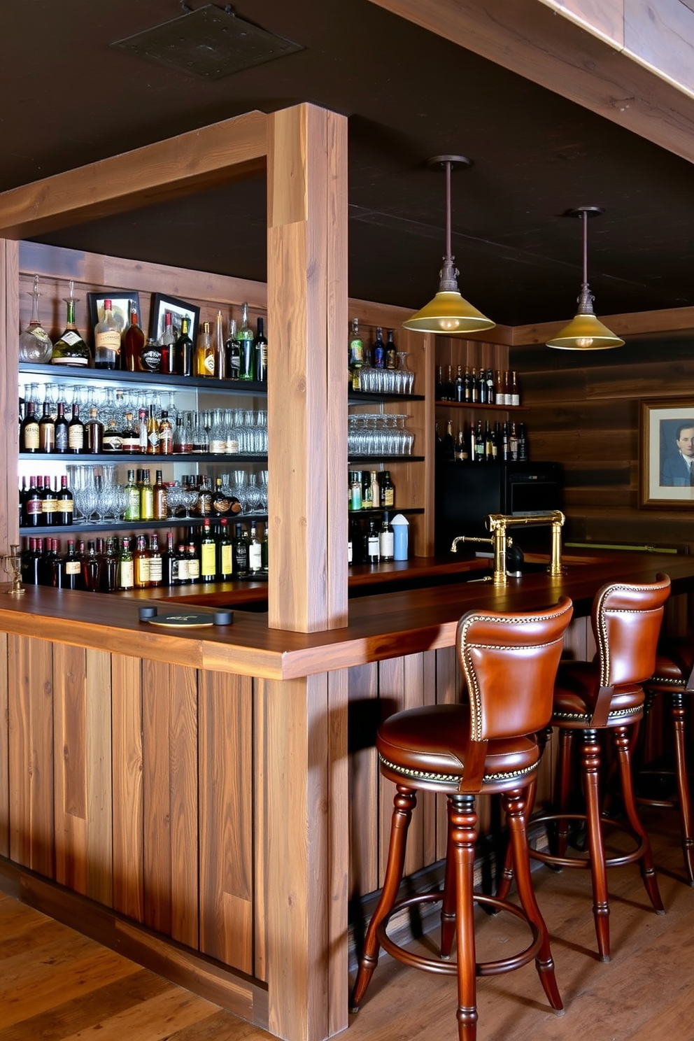 A rustic wooden bar with vintage accents is the centerpiece of the basement. The bar features a weathered wood finish and is adorned with antique bar stools that have leather upholstery. Behind the bar, shelves display an array of vintage glassware and bottles, adding character to the space. The walls are lined with reclaimed wood, and warm pendant lights cast a cozy glow over the area.