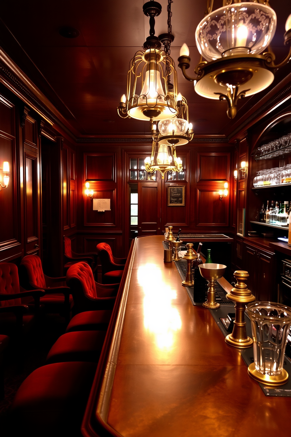 A vintage speakeasy bar with a hidden entrance exudes an air of mystery and elegance. Rich mahogany wood paneling lines the walls, while plush velvet seating in deep burgundy invites guests to relax. Dim, warm lighting creates an intimate atmosphere, with antique chandeliers hanging from the ceiling. A polished brass bar showcases an array of premium spirits, complemented by vintage glassware displayed on the shelves behind it.