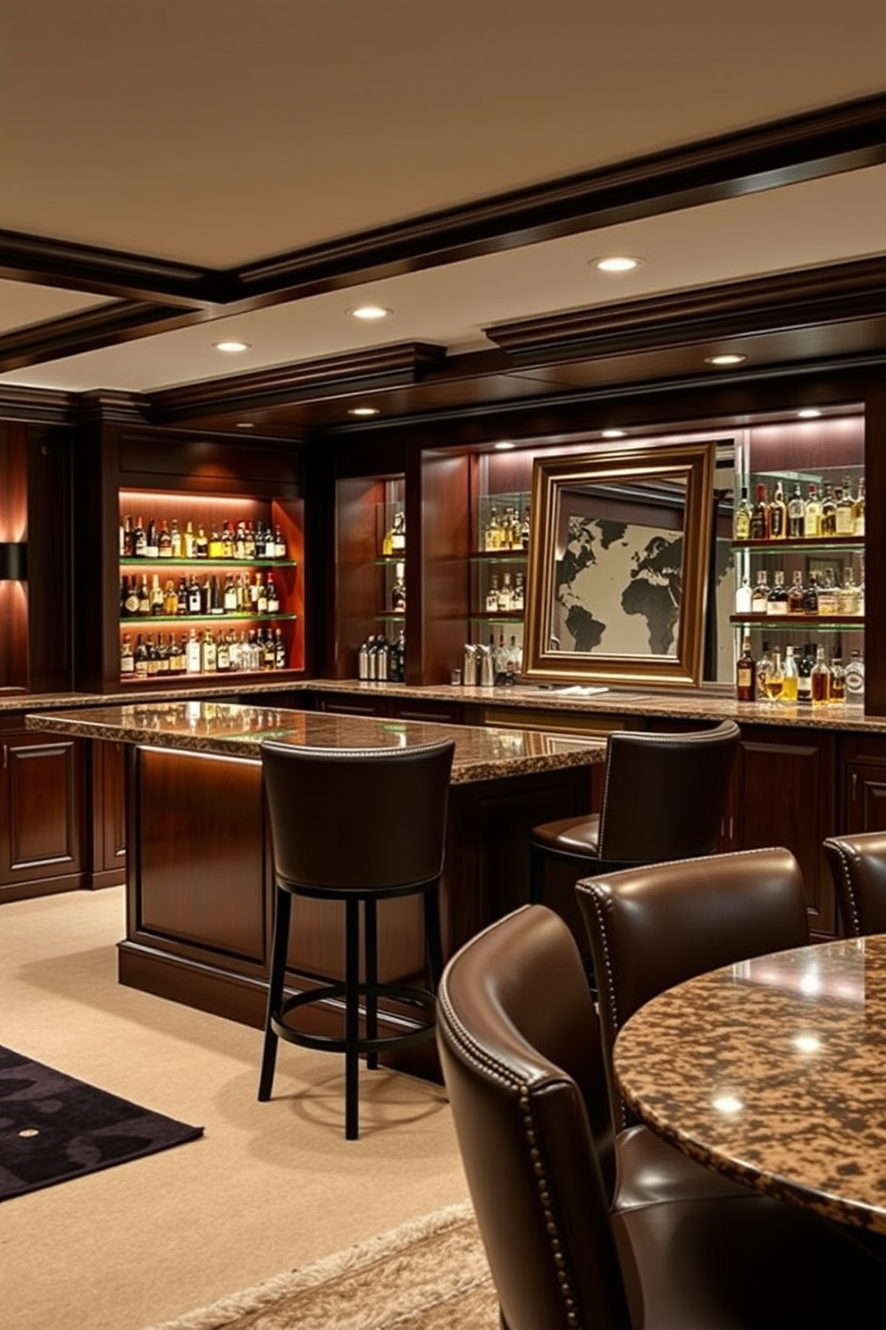 A sophisticated whiskey tasting area features a sleek wooden bar with a polished granite countertop, complemented by high-backed leather stools. The walls are adorned with dark wood paneling and shelves displaying an impressive collection of whiskey bottles, creating an inviting atmosphere for connoisseurs. Soft ambient lighting highlights the bar area, while a plush area rug adds warmth to the space. A large framed mirror behind the bar reflects the elegance of the setup, enhancing the overall sophistication of the basement bar design.