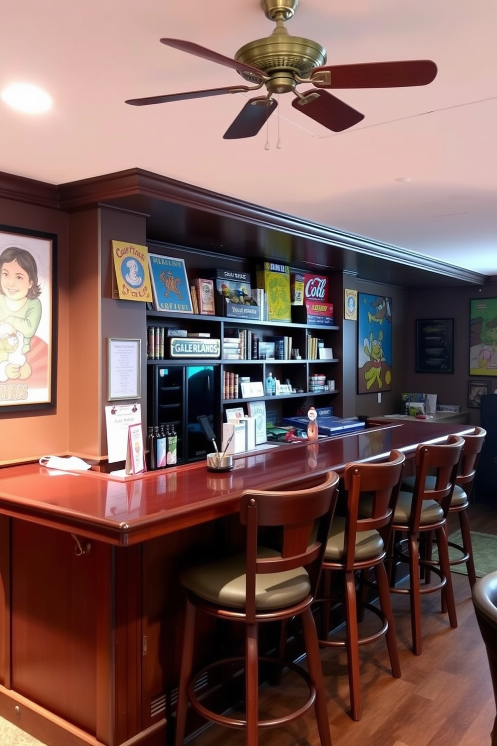 A cozy family-friendly basement bar features a spacious wooden bar with comfortable high stools. The walls are adorned with colorful artwork and shelves filled with board games, creating a fun and inviting atmosphere.