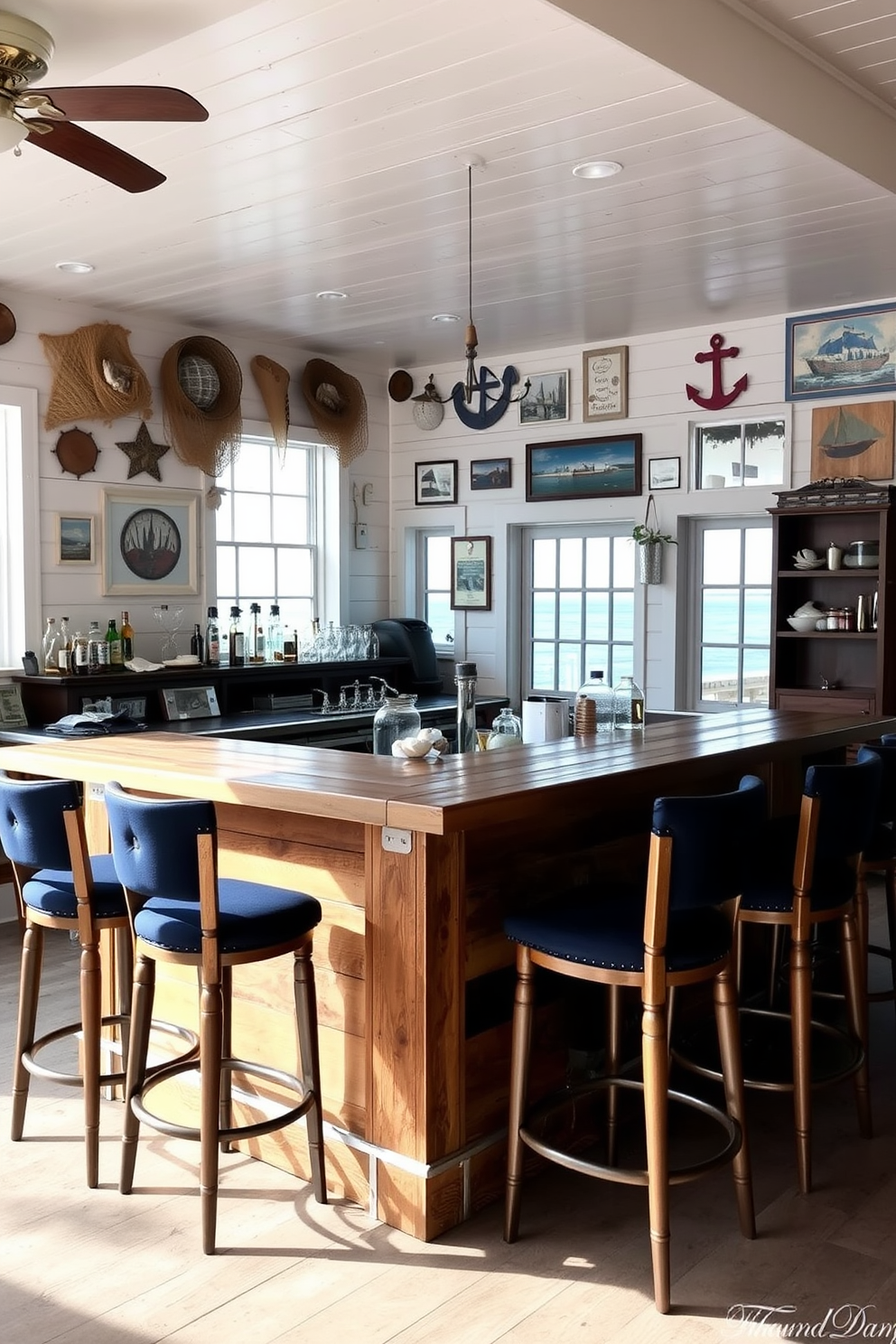 A coastal bar with nautical decor featuring a reclaimed wood bar top and white shiplap walls. Nautical accents include vintage fishing nets, seashells, and a collection of maritime-themed artwork adorning the walls. The bar is complemented by high-backed stools upholstered in navy blue fabric for a comfortable seating experience. Soft, ambient lighting creates a relaxed atmosphere, while large windows provide a view of the ocean.