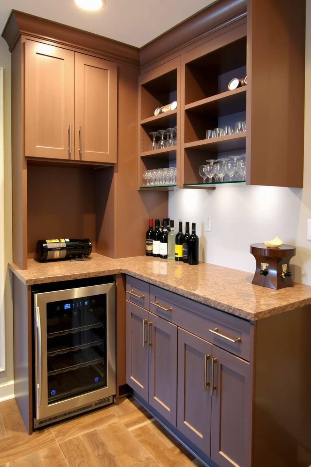 A functional wet bar with ample storage is designed in a contemporary style featuring sleek cabinetry and a polished countertop. The bar is equipped with a built-in wine cooler and shelves for glassware, creating an inviting space for entertaining guests.