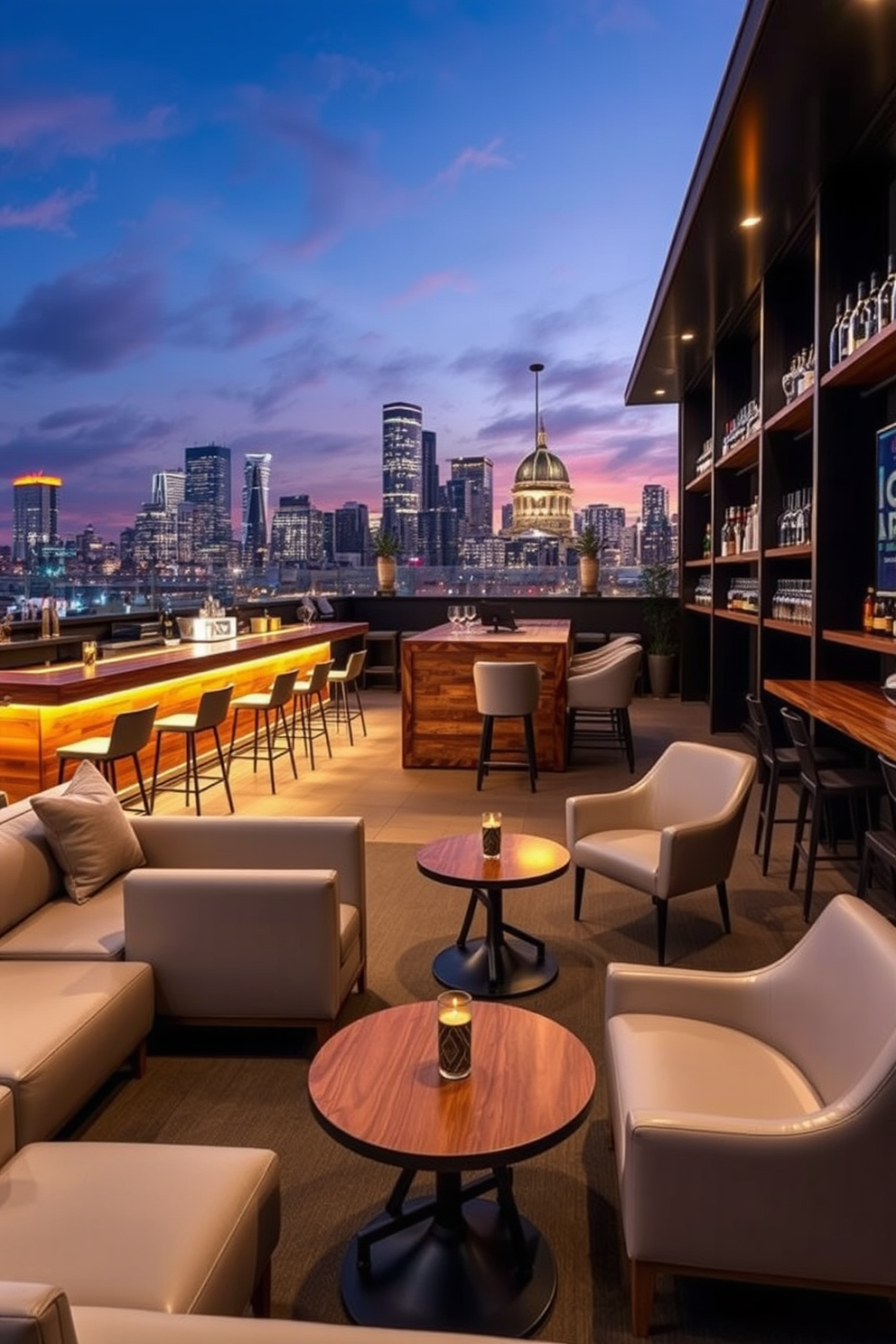 Chic rooftop bar with skyline views. The space features sleek modern furniture, a polished wooden bar with high stools, and ambient lighting that creates a vibrant atmosphere. Basement bar design ideas. The area includes a cozy lounge with plush seating, a stylish bar counter made of reclaimed wood, and wall-mounted shelves displaying an array of spirits and glassware.