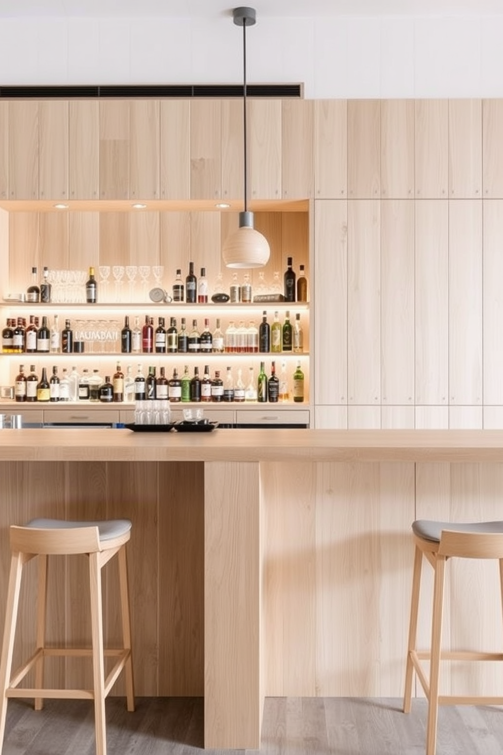 A Scandinavian design bar featuring light wood finishes and clean lines. The bar counter is made of pale oak, complemented by minimalist bar stools with soft cushions. The walls are adorned with light-colored wood paneling, creating a warm and inviting atmosphere. Shelves behind the bar display an array of spirits and glassware, illuminated by subtle pendant lighting.