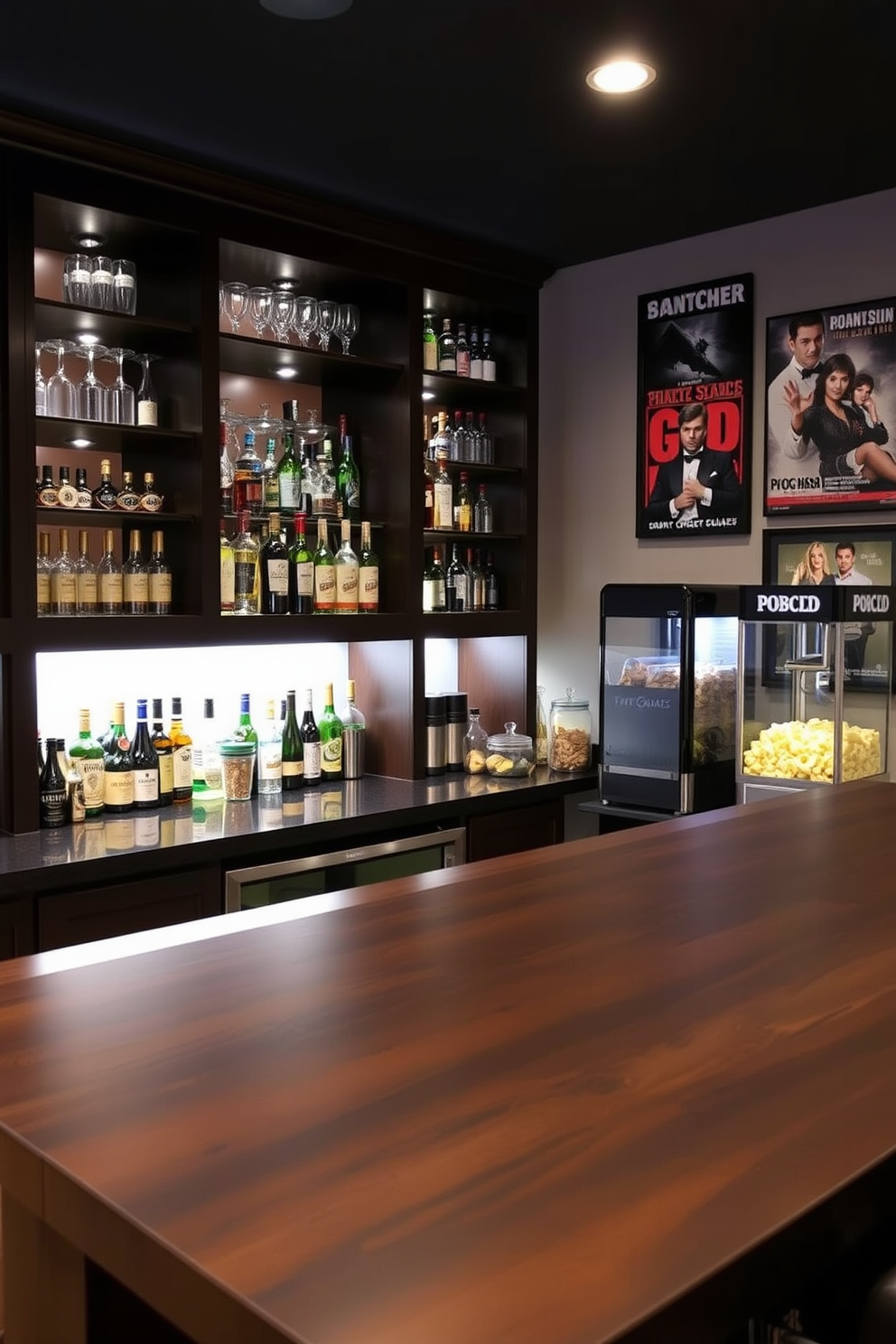 A stylish home theater bar with a sleek countertop made of dark wood. Behind the bar, shelves display an array of spirits and glassware, illuminated by soft LED lighting. Adjacent to the bar, a cozy snack station features a popcorn machine and a selection of gourmet snacks in decorative jars. The walls are adorned with movie posters, creating an inviting atmosphere for entertainment.