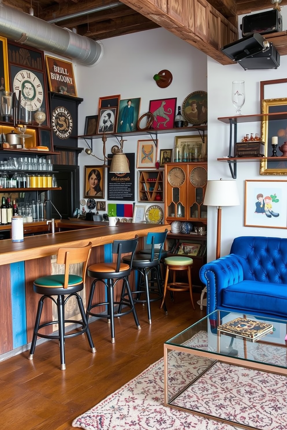 An eclectic bar featuring a mix of vintage and modern furniture styles. The space includes a reclaimed wood bar counter with mismatched bar stools in various colors and designs. On one side, a plush velvet sofa in deep blue contrasts with a sleek metal coffee table. The walls are adorned with eclectic art pieces and shelves filled with an assortment of glassware and decorative items.