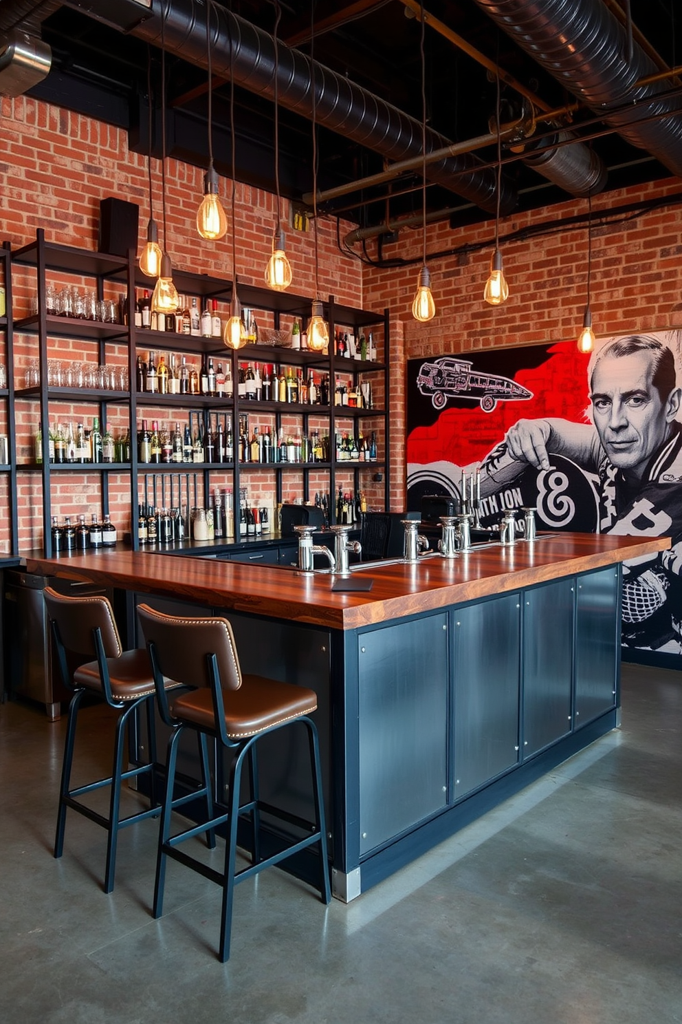 A stylish industrial chic bar featuring sleek metal finishes and exposed brick walls. The bar counter is made of reclaimed wood with metal accents, and high stools with leather seats line the counter. Shelving made of dark metal holds an array of spirits and glassware, illuminated by pendant lights with Edison bulbs. The floor is polished concrete, and a large mural of urban art adds character to the space.