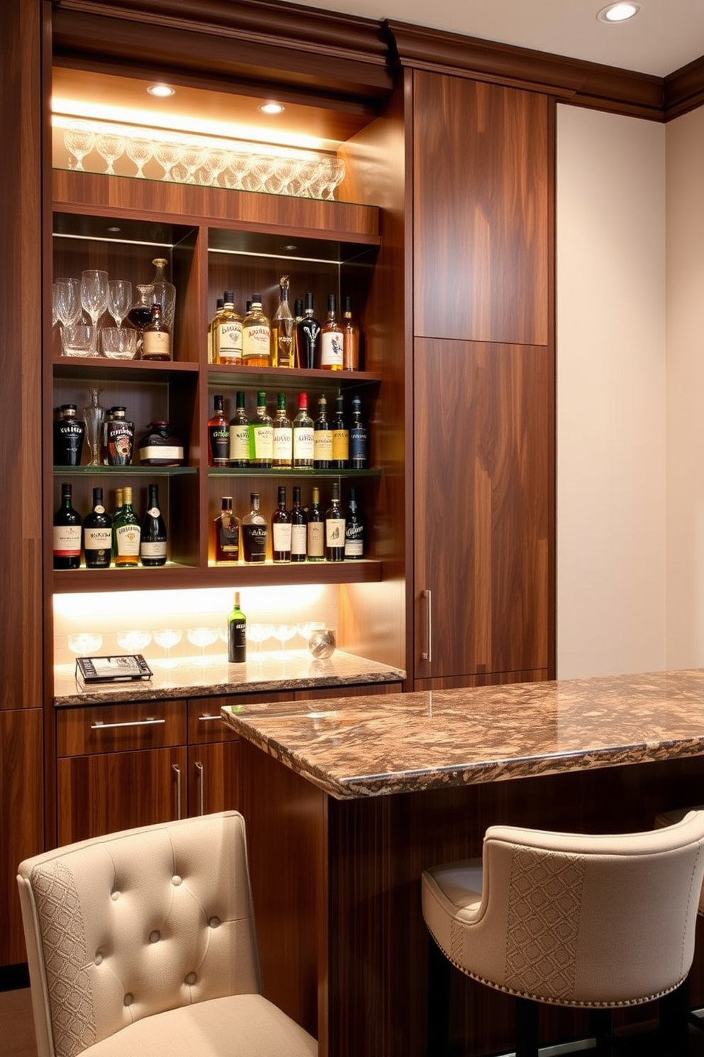 A custom built-in bar features sleek cabinetry with a rich walnut finish. Unique shelving displays an array of spirits and glassware, illuminated by subtle LED lighting. The bar countertop is made of polished granite, providing a luxurious surface for mixing drinks. Comfortable bar stools with tufted upholstery invite guests to relax and enjoy the space.