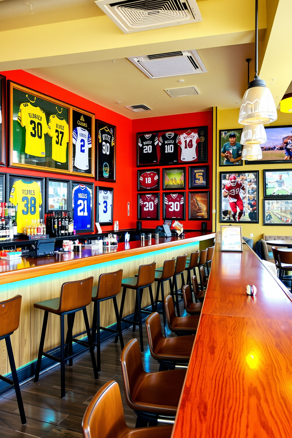 A vibrant sports-themed bar featuring memorabilia displays. The walls are adorned with framed jerseys and signed photographs, while a sleek wooden bar counter invites guests to enjoy drinks.