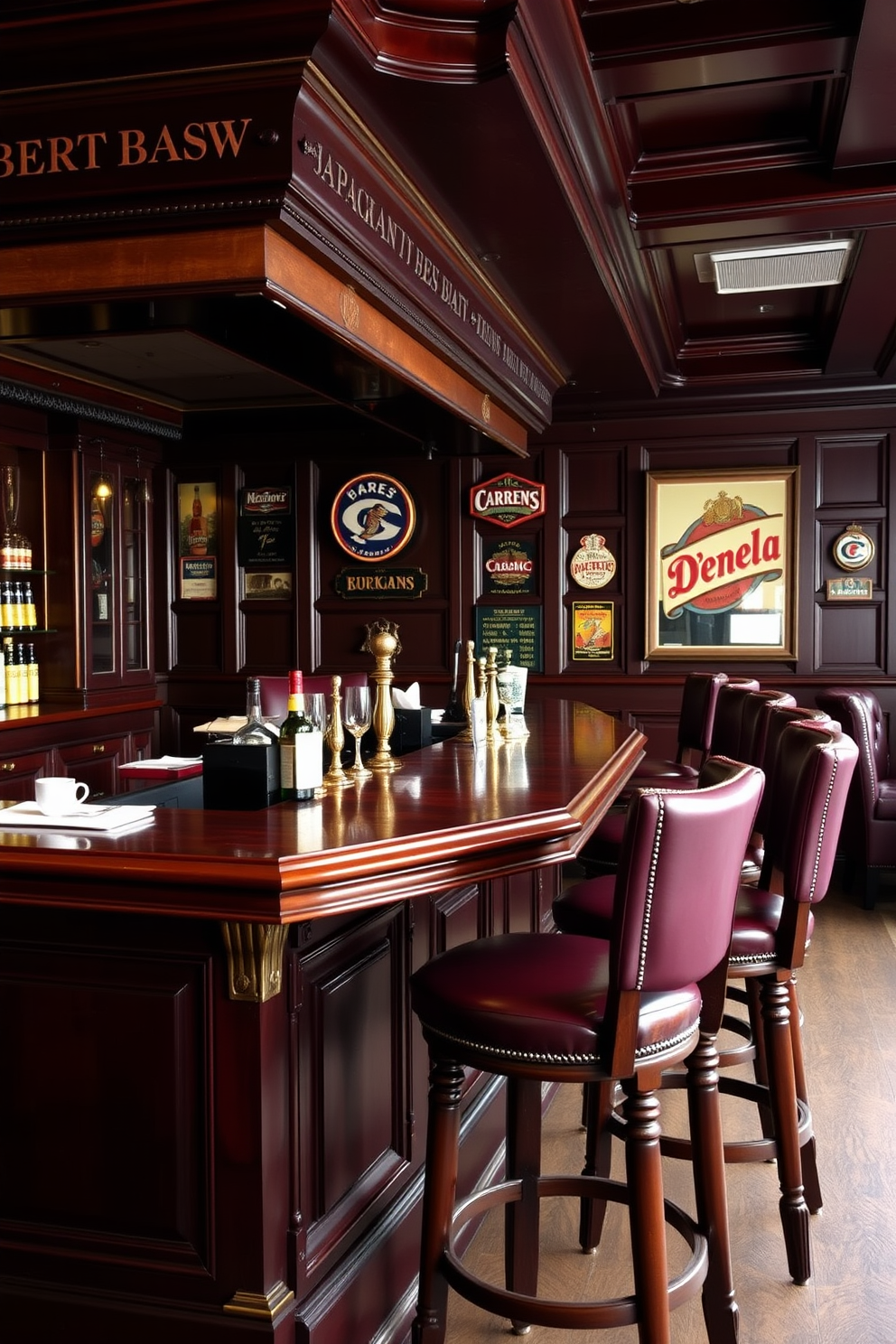 Classic pub style with dark wood tones. The bar features a rich mahogany counter with intricate carvings and brass accents. Surrounding the bar are high-backed leather stools in deep burgundy. The walls are adorned with vintage beer signs and dark paneling, creating a warm and inviting atmosphere.