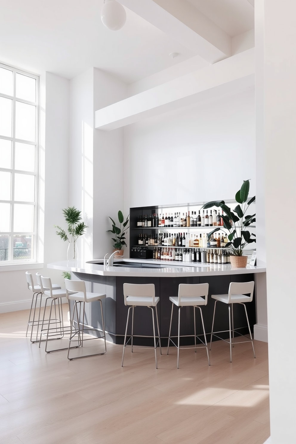 A bright and airy bar setting features large windows that allow natural light to flood the space. The walls are painted in a soft white hue, and the flooring is a light hardwood that complements the overall aesthetic. The bar itself is a sleek design with a polished countertop and minimalist bar stools. Shelves behind the bar are stocked with an array of colorful bottles, and potted plants add a touch of greenery to the environment.