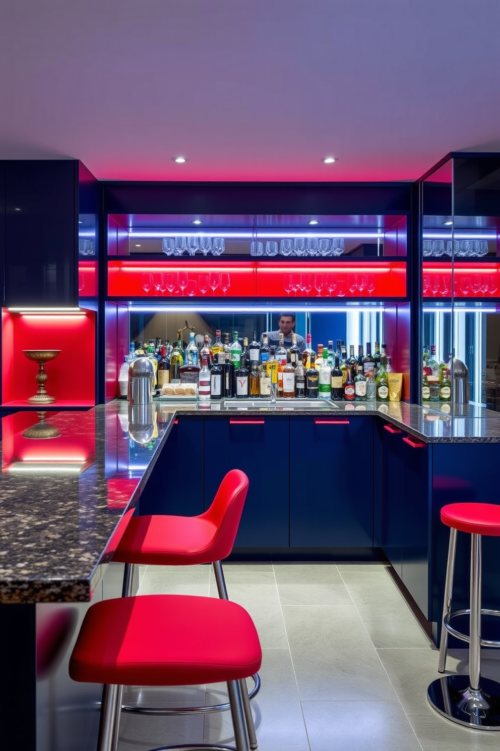 A contemporary bar featuring sleek cabinetry painted in a deep navy blue with bold red accents. The bar top is made of polished granite, and stylish bar stools with vibrant upholstery line the counter. Behind the bar, a mirrored backsplash reflects colorful bottles and glassware, creating an inviting atmosphere. Soft LED lighting highlights the shelves, enhancing the modern aesthetic of the space.