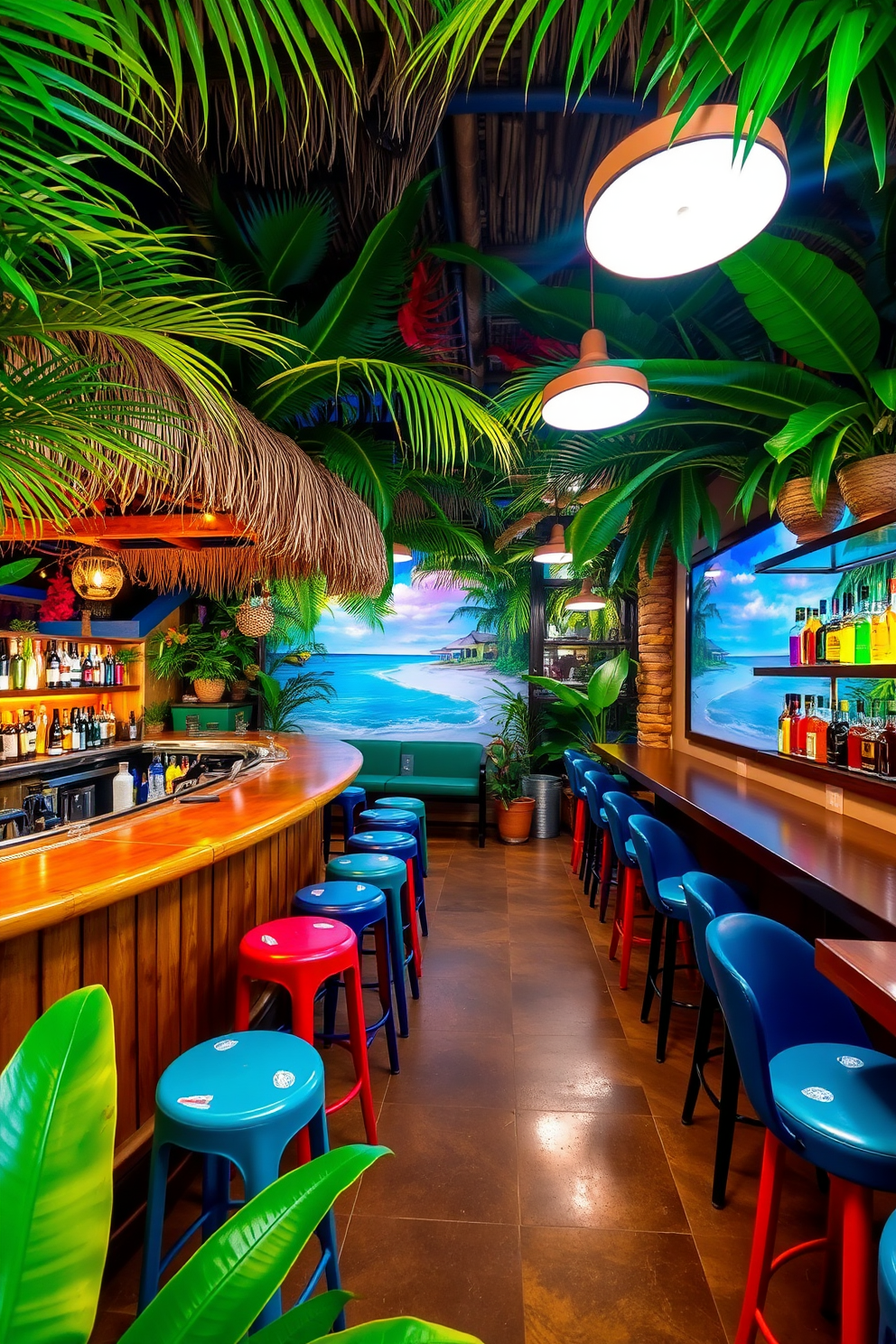 A tropical paradise bar featuring lush palm decor and vibrant colors. The bar is made of natural wood with a thatched roof overhead, surrounded by tropical plants and colorful bar stools. In the basement, the design incorporates warm lighting and a cozy atmosphere. A large mural of a beach scene enhances the tropical vibe, while a collection of exotic cocktails is displayed on the shelves.