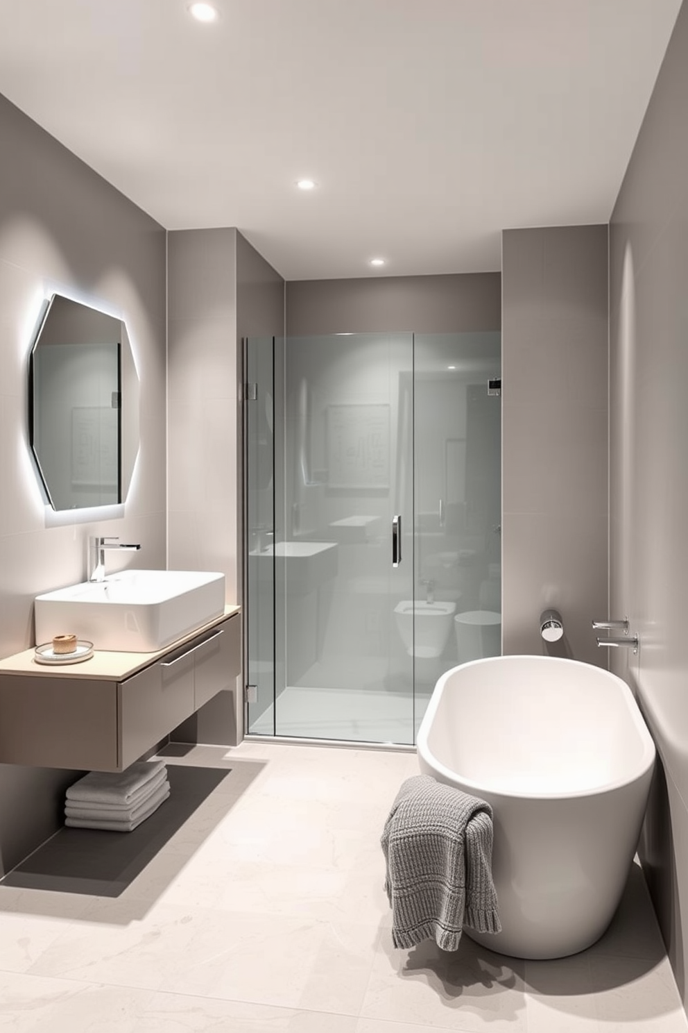 A modern basement bathroom featuring sleek minimalist fixtures that emphasize clean lines and functionality. The color palette consists of soft grays and whites, with a floating vanity and a frameless glass shower enclosure. The walls are adorned with large-format tiles in a neutral tone, creating a seamless look throughout the space. Ambient lighting is strategically placed to enhance the modern aesthetic while providing adequate illumination.