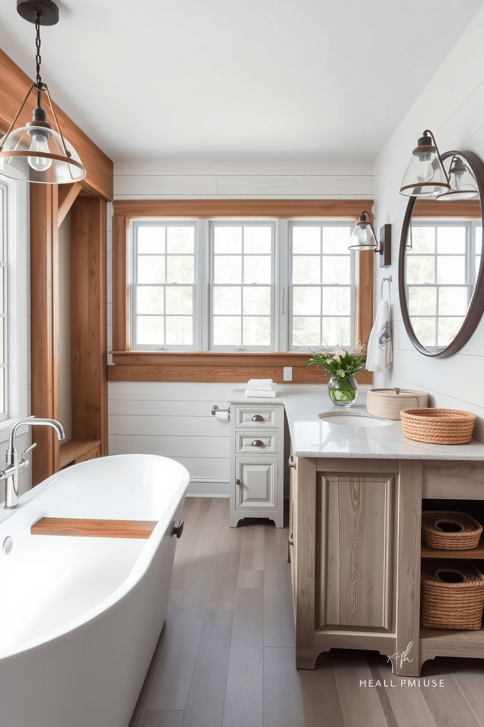 A modern farmhouse basement bathroom featuring rustic wood accents. The space includes a freestanding tub with a shiplap wall behind it, complemented by a vintage-style faucet and a large window allowing natural light to fill the room. The vanity consists of a distressed wood base with a white marble countertop and a large round mirror above. Soft, neutral tones dominate the decor, with woven baskets for storage and farmhouse-style lighting fixtures adding warmth to the ambiance.