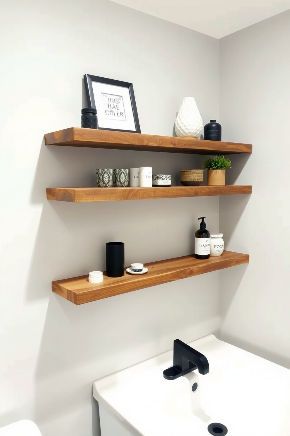 A stylish basement bathroom features wall-mounted shelves made of reclaimed wood, providing extra storage for toiletries and decorative items. The shelves are neatly arranged above a sleek, modern sink with a matte black faucet, creating a functional yet aesthetically pleasing space.