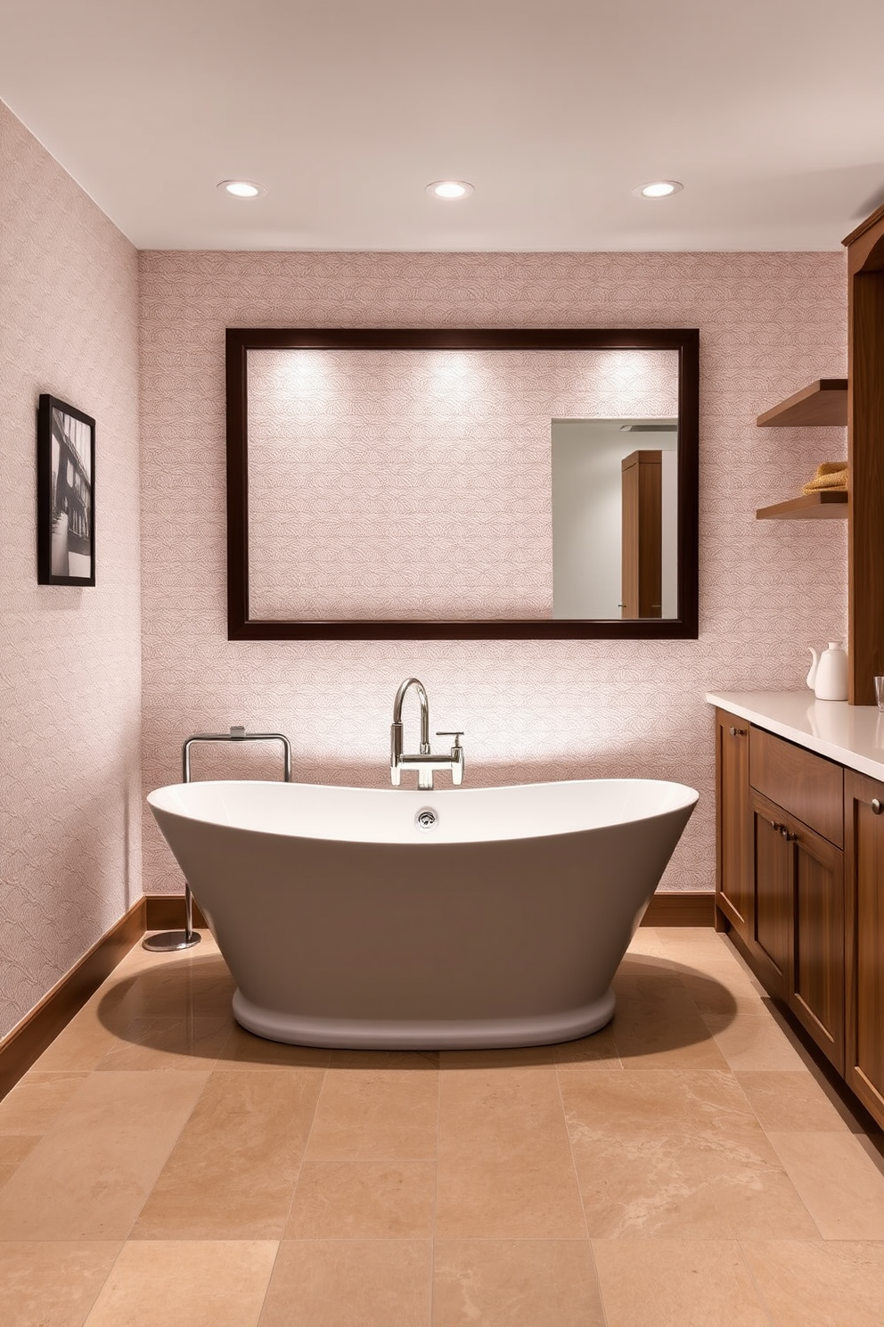 An elegant freestanding tub serves as the focal point in a beautifully designed basement bathroom. Surrounding the tub are soft, ambient lights that create a serene atmosphere, complemented by a large, framed mirror above a sleek vanity. The walls are adorned with textured wallpaper in soft neutral tones, enhancing the cozy feel of the space. Natural wood accents on the cabinetry and shelving add warmth, while polished stone tiles on the floor provide a touch of luxury.