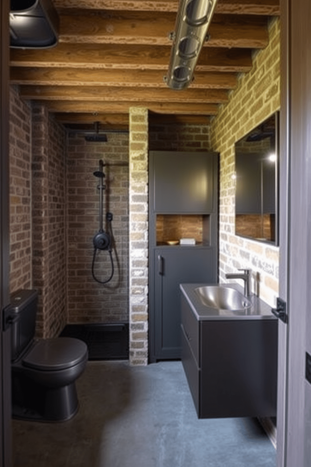 A contemporary basement bathroom featuring industrial style elements. The space includes exposed brick walls and metal finishes throughout, with a sleek black shower enclosure and a minimalist metal sink. The flooring is a polished concrete that complements the overall aesthetic. Accents of warm wood are incorporated in the shelving and cabinetry, providing contrast to the cool tones of the metal and brick.