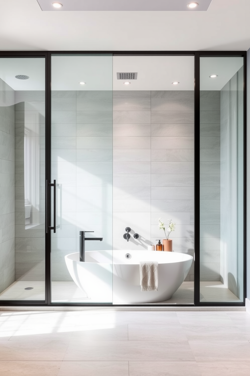 A sleek glass shower enclosure enhances the spacious feel of the basement bathroom. The walls are adorned with light gray tiles that reflect natural light, creating an airy atmosphere. A modern freestanding bathtub sits elegantly in the corner, surrounded by minimalist decor. Soft, ambient lighting complements the clean lines and contemporary fixtures throughout the space.