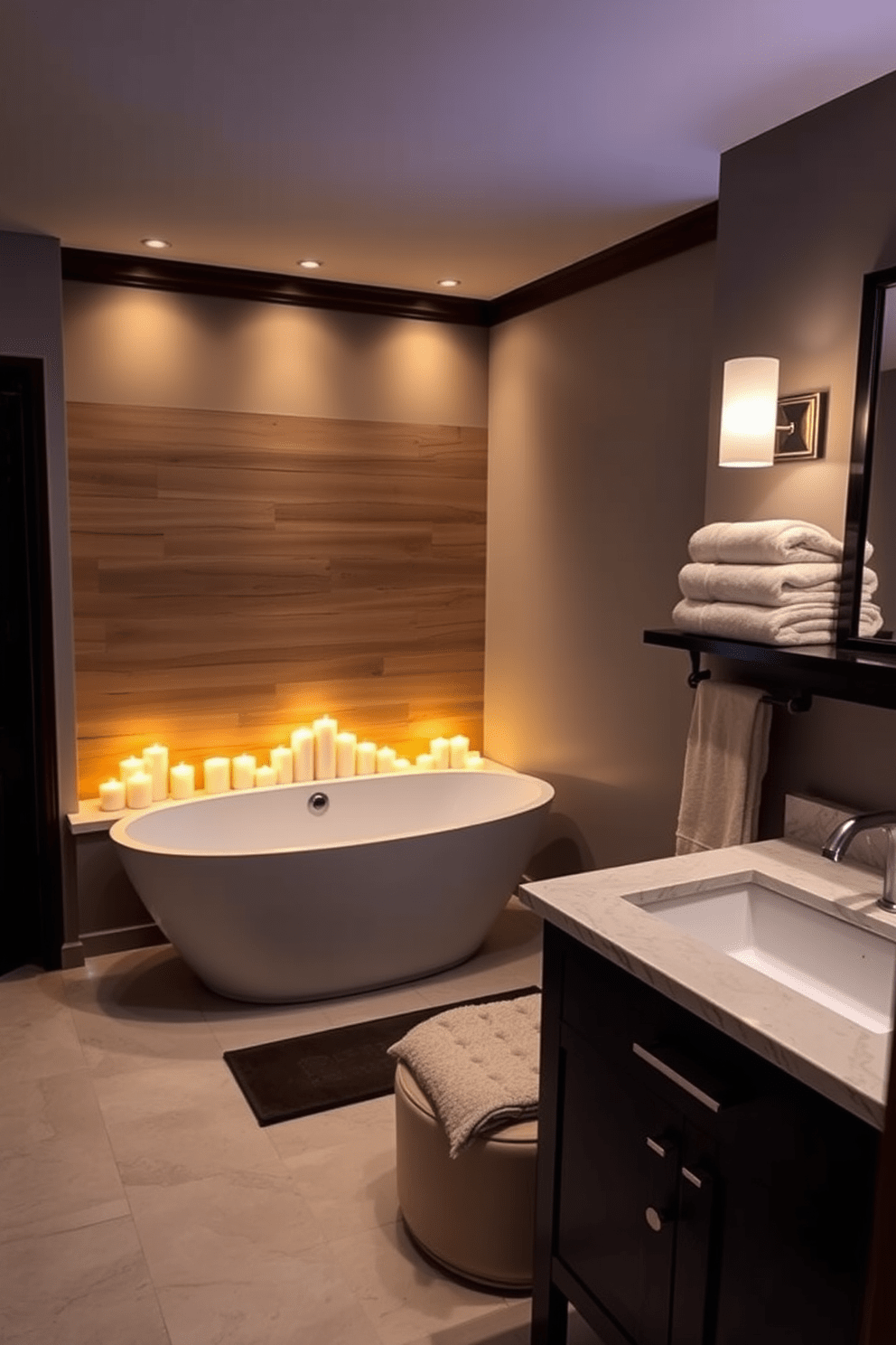 A serene basement bathroom with soft ambient lighting creating a warm and inviting atmosphere. The space features a freestanding soaking tub surrounded by candles, with a wooden accent wall providing a rustic touch. Elegant fixtures include a sleek vanity with a quartz countertop and under-mount sink. Plush towels in neutral tones are neatly arranged on a nearby shelf, enhancing the cozy feel of the room.