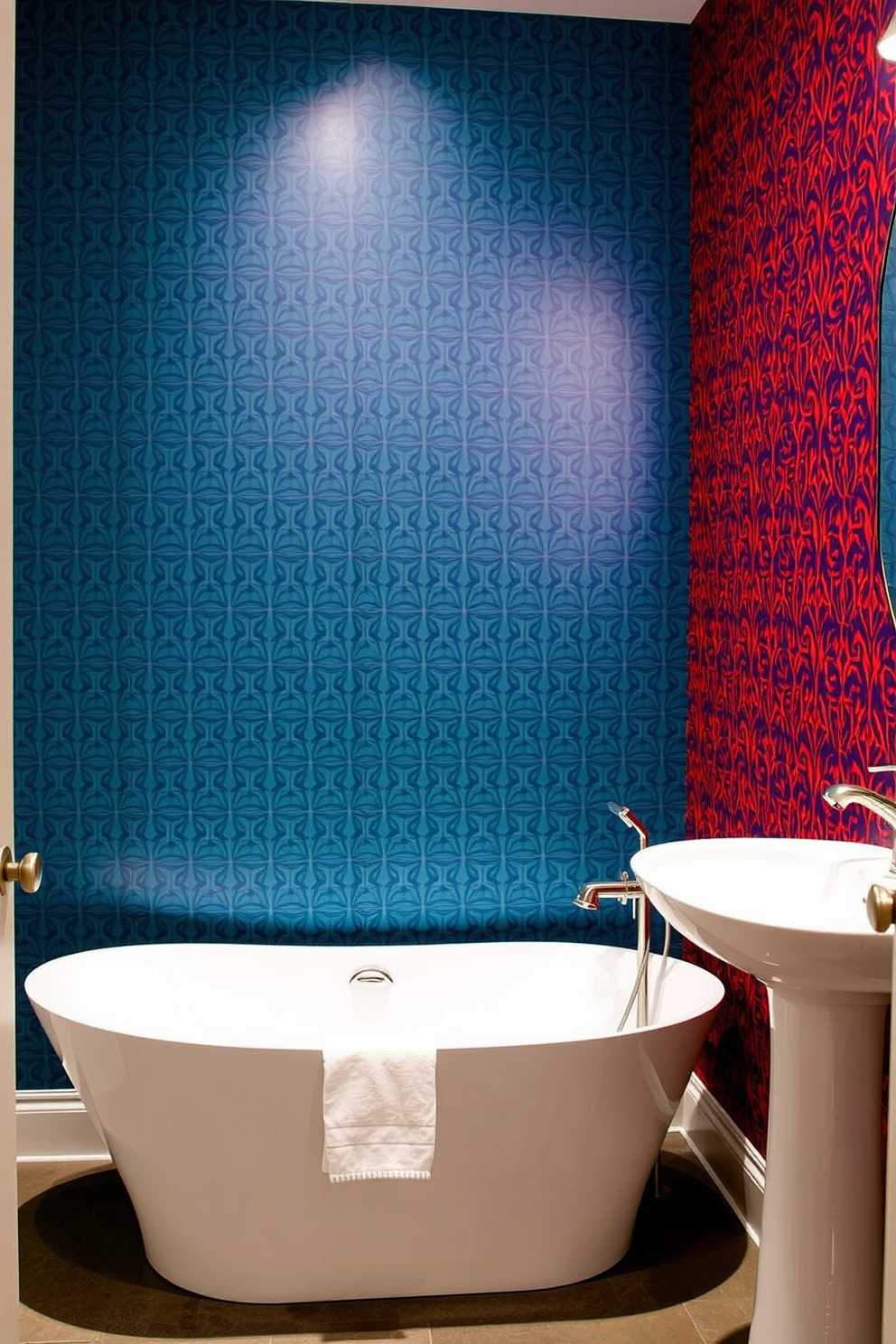 A stylish basement bathroom featuring bold wallpaper with a vibrant geometric pattern. The space includes a sleek freestanding bathtub and a modern pedestal sink, complemented by brushed nickel fixtures.