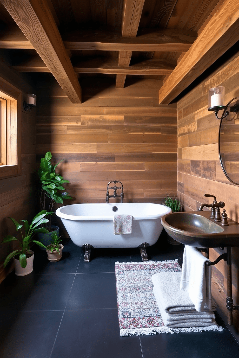 A rustic basement bathroom featuring exposed wood beams that add warmth and character to the space. The walls are clad in reclaimed wood, and the flooring is a rich, dark tile that contrasts beautifully with the natural textures. A freestanding soaking tub sits in the corner, surrounded by potted plants that bring life to the room. A vintage-style sink with a bronze faucet complements the rustic theme, while soft lighting creates a cozy atmosphere.