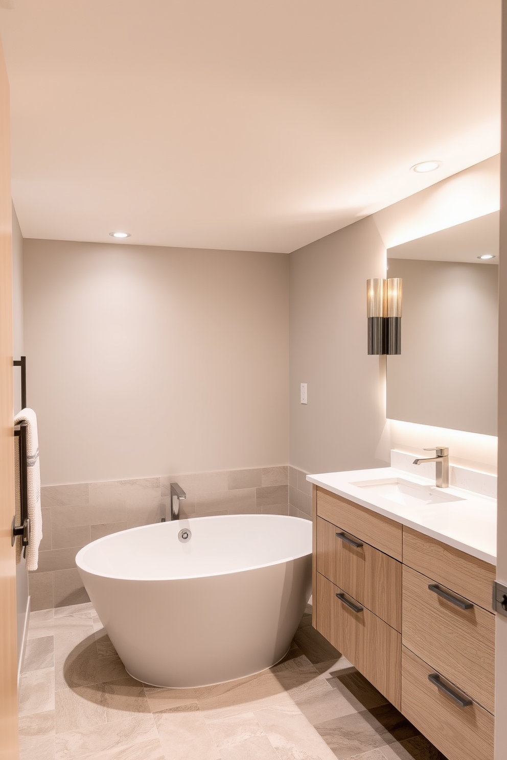 A serene basement bathroom featuring a neutral palette with soft beige and warm gray tones. The space includes a freestanding soaking tub surrounded by natural stone tiles, creating a tranquil retreat. The vanity is designed with sleek cabinetry in a light oak finish, complemented by a white quartz countertop. Above the vanity, a large backlit mirror enhances the airy feel of the room, while subtle recessed lighting adds warmth.