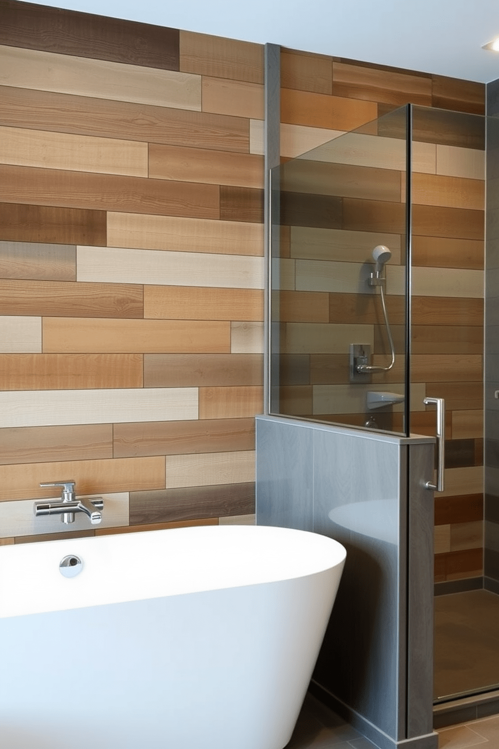 Accent wall with reclaimed wood. The wall features horizontal planks of varying shades, creating a rustic yet modern look. The bathroom includes a freestanding soaking tub positioned against the accent wall. A sleek glass shower enclosure complements the overall design, enhancing the spacious feel of the basement bathroom.