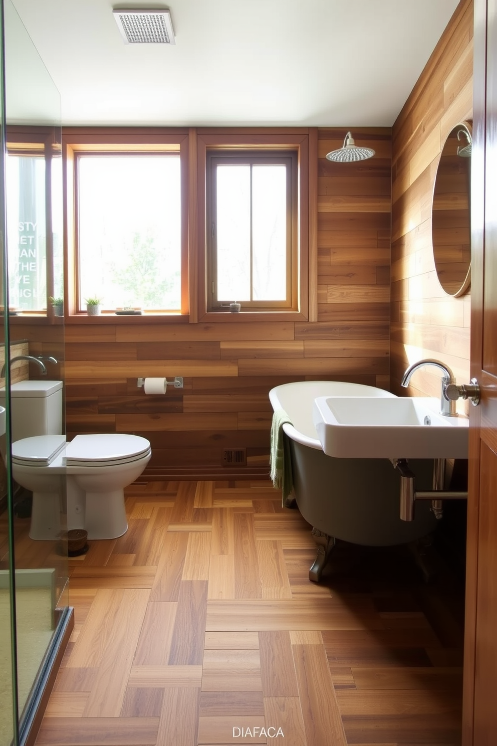 A serene basement bathroom featuring eco-friendly materials. The walls are clad in reclaimed wood, and the floor is made of bamboo tiles, creating a warm and inviting atmosphere. A freestanding tub is positioned under a large window, allowing natural light to flood the space. Sustainable fixtures, such as a low-flow toilet and a rain showerhead, enhance the bathroom's eco-conscious appeal.