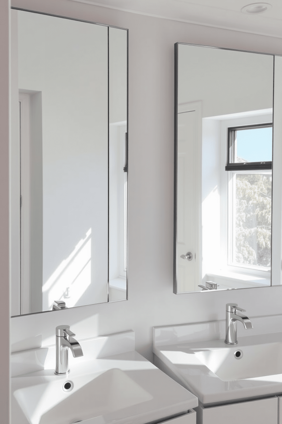 Bright mirrors reflect natural light, creating an airy and spacious feel in the basement bathroom. The sleek design of the mirrors complements the modern fixtures and enhances the overall aesthetic of the space.