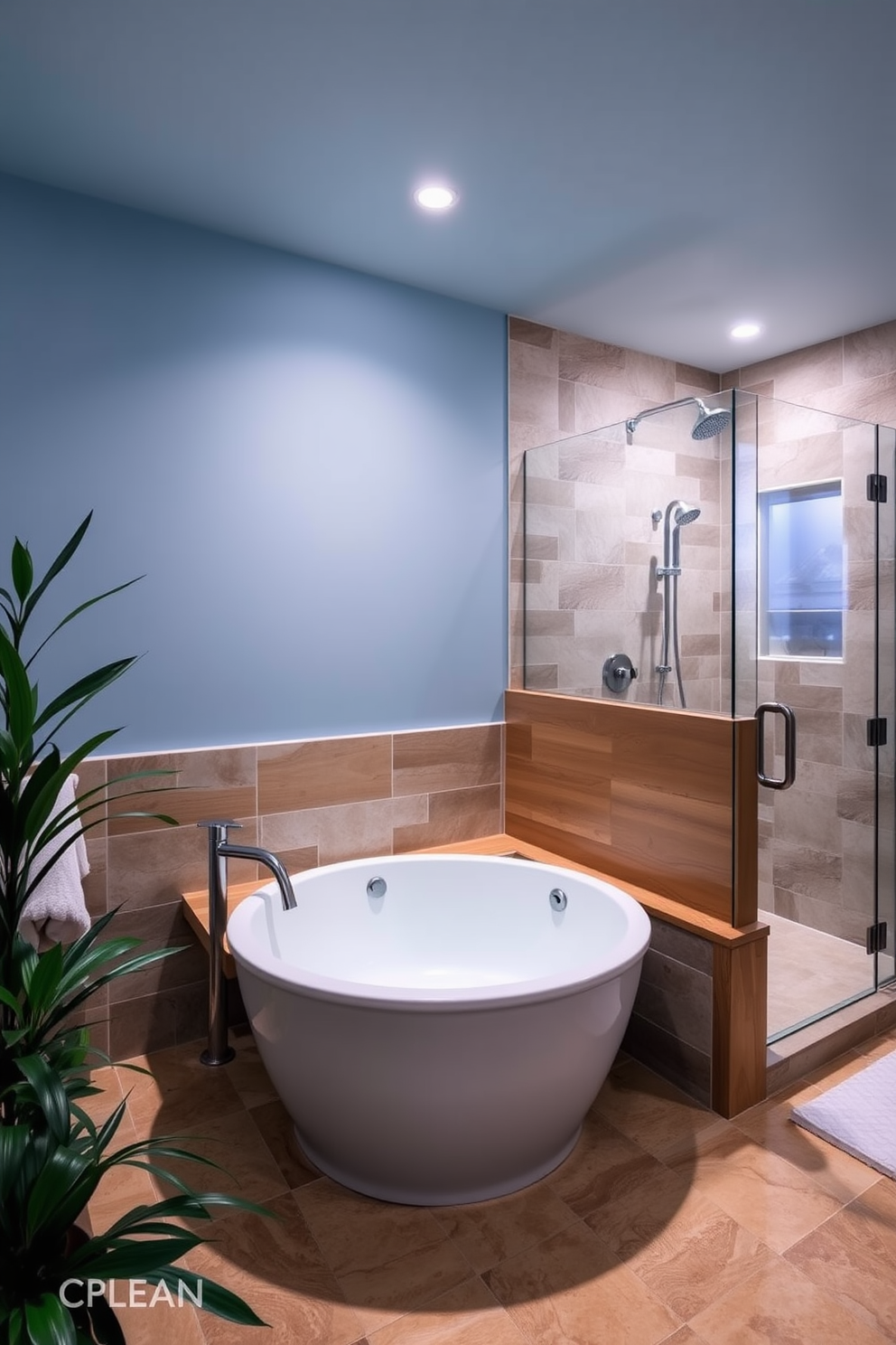 A serene basement bathroom designed for relaxation. The space features a freestanding soaking tub surrounded by natural stone tiles, with soft ambient lighting creating a calming atmosphere. A large walk-in shower with a rainfall showerhead is positioned next to the tub. The walls are painted in a soft blue hue, complemented by wooden accents and lush greenery for a spa-like feel.