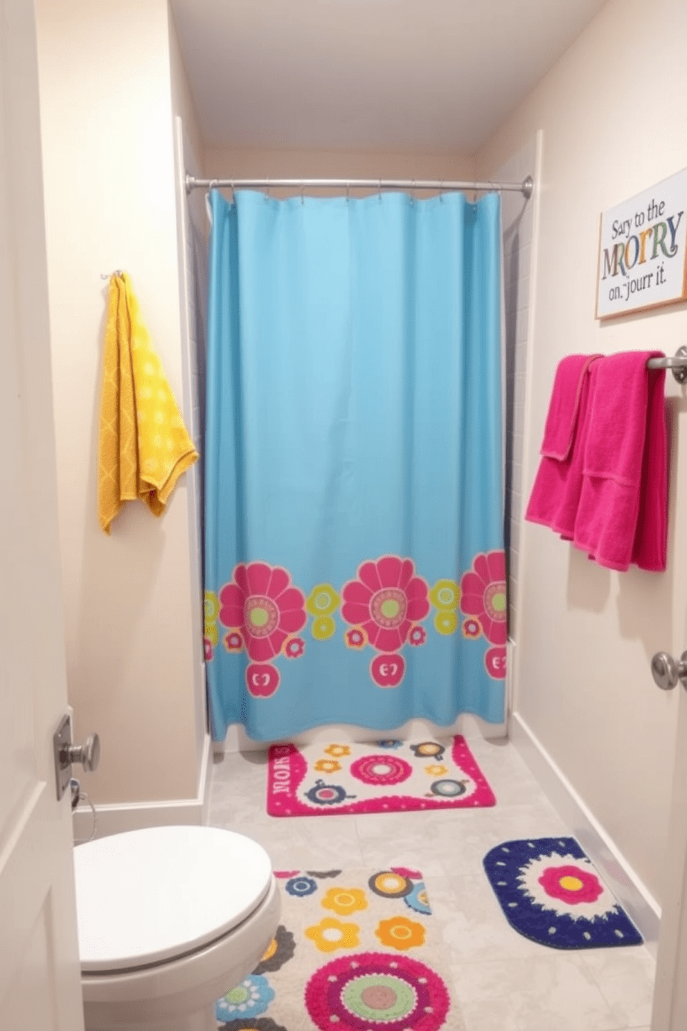 A basement bathroom design with colorful accessories that add a playful touch. The space features bright towels, a vibrant shower curtain, and decorative bath mats in fun patterns. The walls are painted in a light neutral shade to balance the lively decor. A whimsical wall art piece complements the colorful accessories, creating an inviting atmosphere.