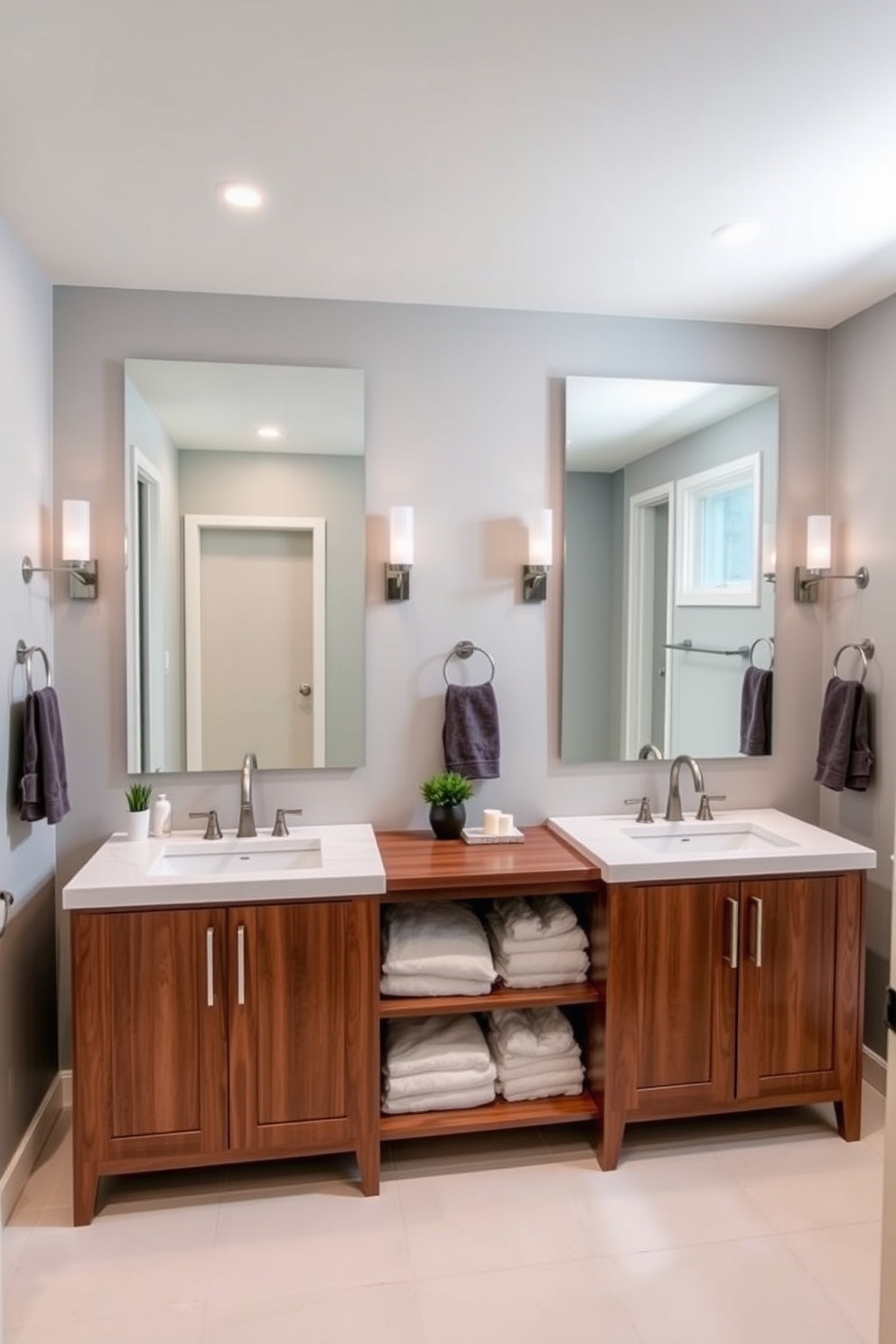 A modern basement bathroom designed for family convenience features dual sinks set in a sleek wooden vanity. The walls are painted in a soft gray tone, and large mirrors above each sink reflect ample light from stylish sconces on either side.