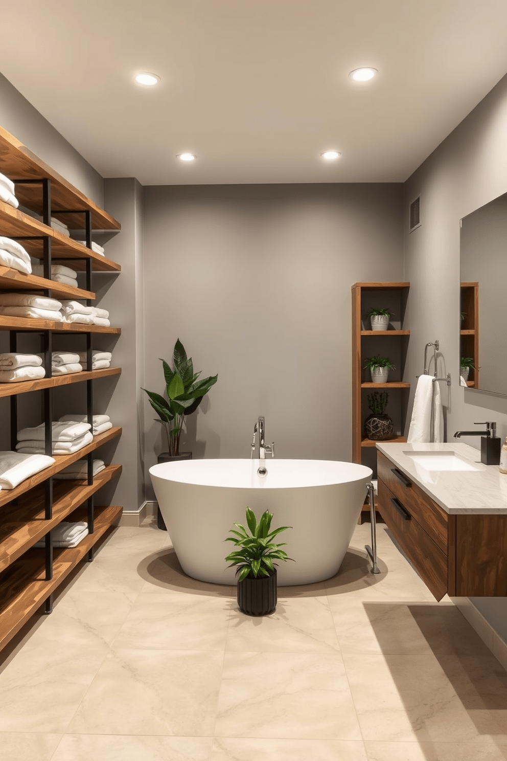 Open shelving lines the walls of a spacious basement bathroom, providing easy access to towels and toiletries. The shelves are made of reclaimed wood, adding warmth to the cool, modern aesthetic of the space. A sleek freestanding bathtub sits in the center, surrounded by decorative plants that bring a touch of nature indoors. The walls are painted in a soft gray, complemented by polished chrome fixtures and a large, frameless mirror above the vanity.