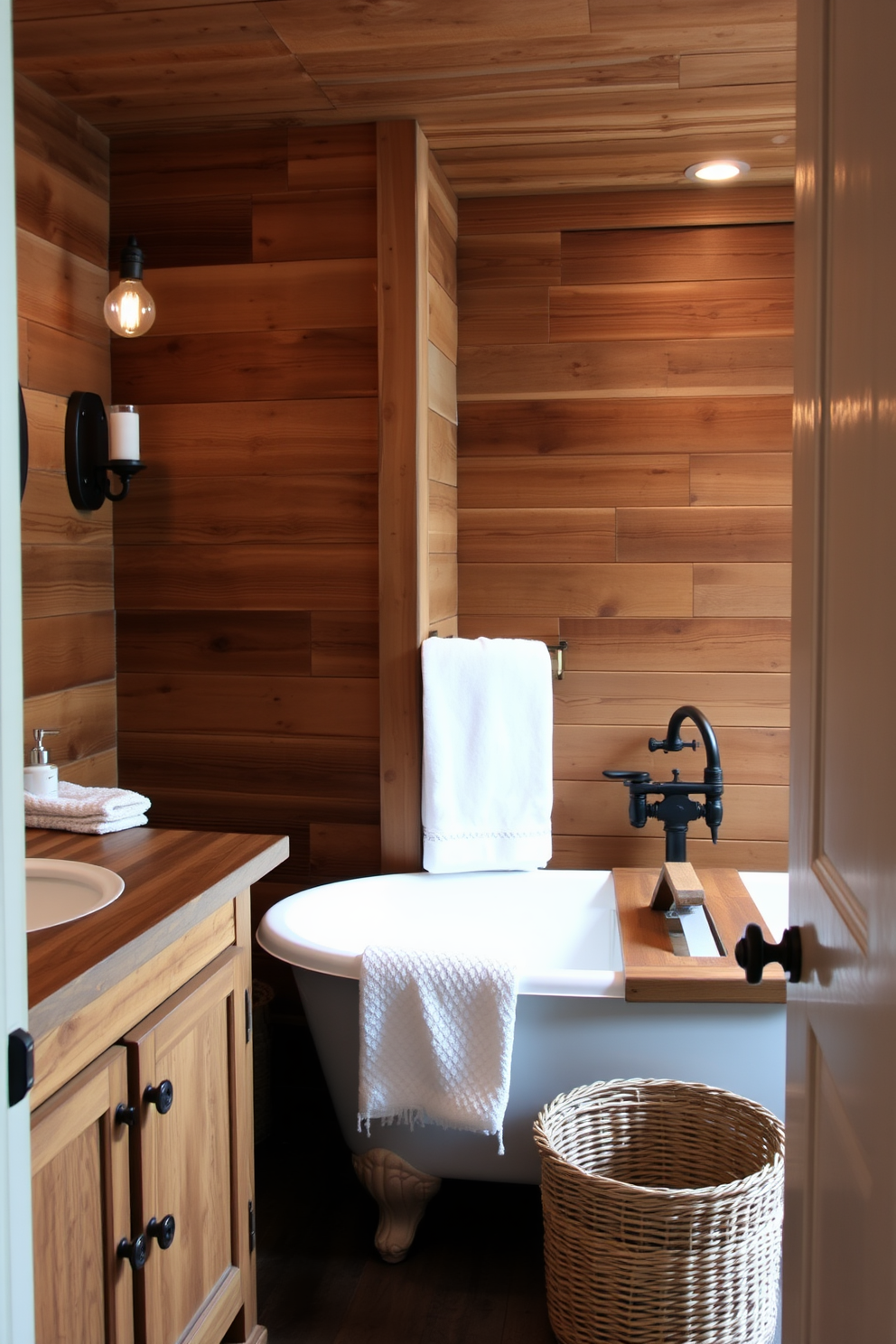 A cozy basement bathroom featuring rustic wood accents that create a warm and inviting atmosphere. The walls are adorned with reclaimed wood paneling, and a wooden vanity complements the natural aesthetic. Soft lighting fixtures, such as sconces with vintage bulbs, illuminate the space and enhance the rustic charm. A freestanding tub with a wooden surround invites relaxation, while a woven basket adds texture and functionality.