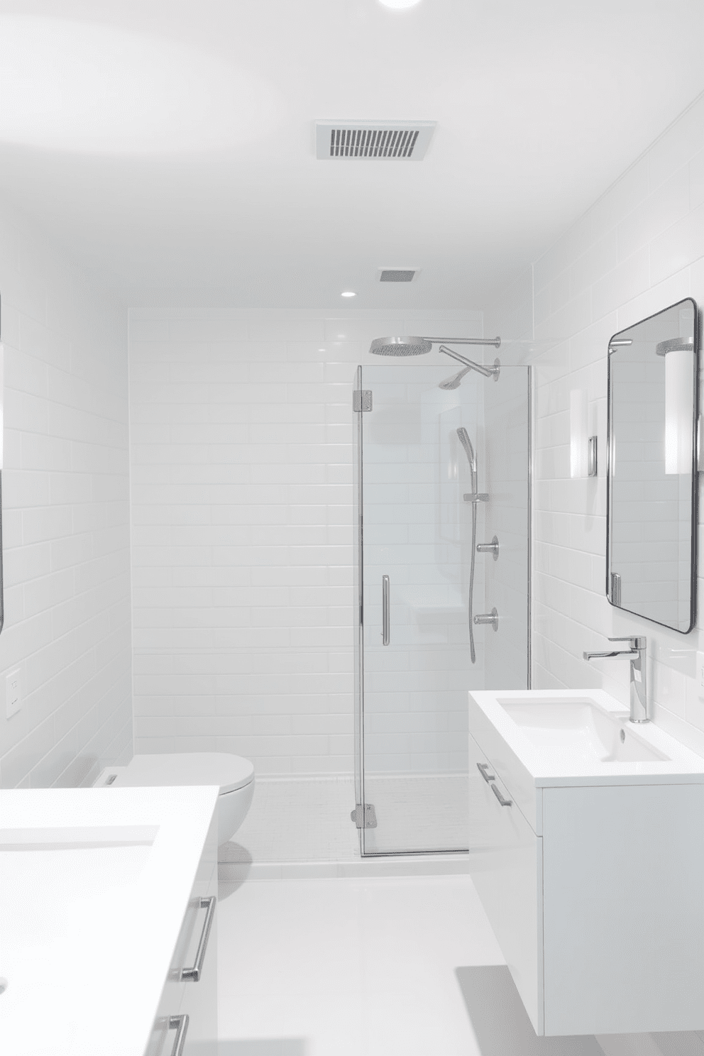 A sleek basement bathroom featuring bright white tiles that create a clean and airy atmosphere. The walls are adorned with modern fixtures and a minimalist vanity that complements the bright aesthetic. Incorporate a spacious walk-in shower with glass doors and a rainfall showerhead for a luxurious touch. Soft lighting fixtures enhance the brightness while maintaining a warm and inviting ambiance.