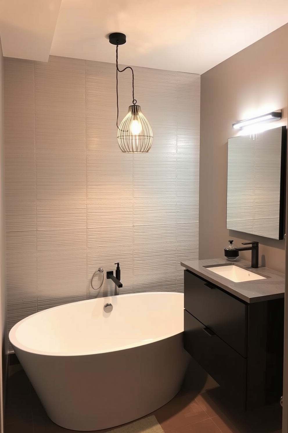 A basement bathroom featuring unique lighting fixtures that add artistic flair. The space includes a modern freestanding bathtub illuminated by a sculptural pendant light, creating a warm ambiance. The walls are adorned with textured tiles in a soft gray tone, complemented by a sleek vanity with an integrated sink. A striking wall-mounted light fixture above the mirror enhances the room's contemporary style while providing functional lighting.