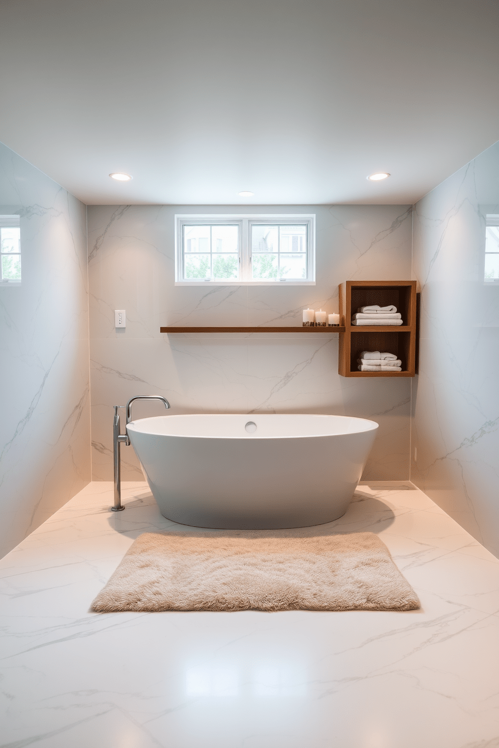 A luxurious soaking tub is the centerpiece of this basement bathroom, surrounded by elegant marble tiles that create a serene atmosphere. Soft ambient lighting highlights the tub's curves, while a plush area rug adds warmth underfoot. A sleek wooden shelf holds neatly folded towels and decorative candles, enhancing the spa-like feel of the space. Large windows allow natural light to filter in, making the basement feel open and inviting.