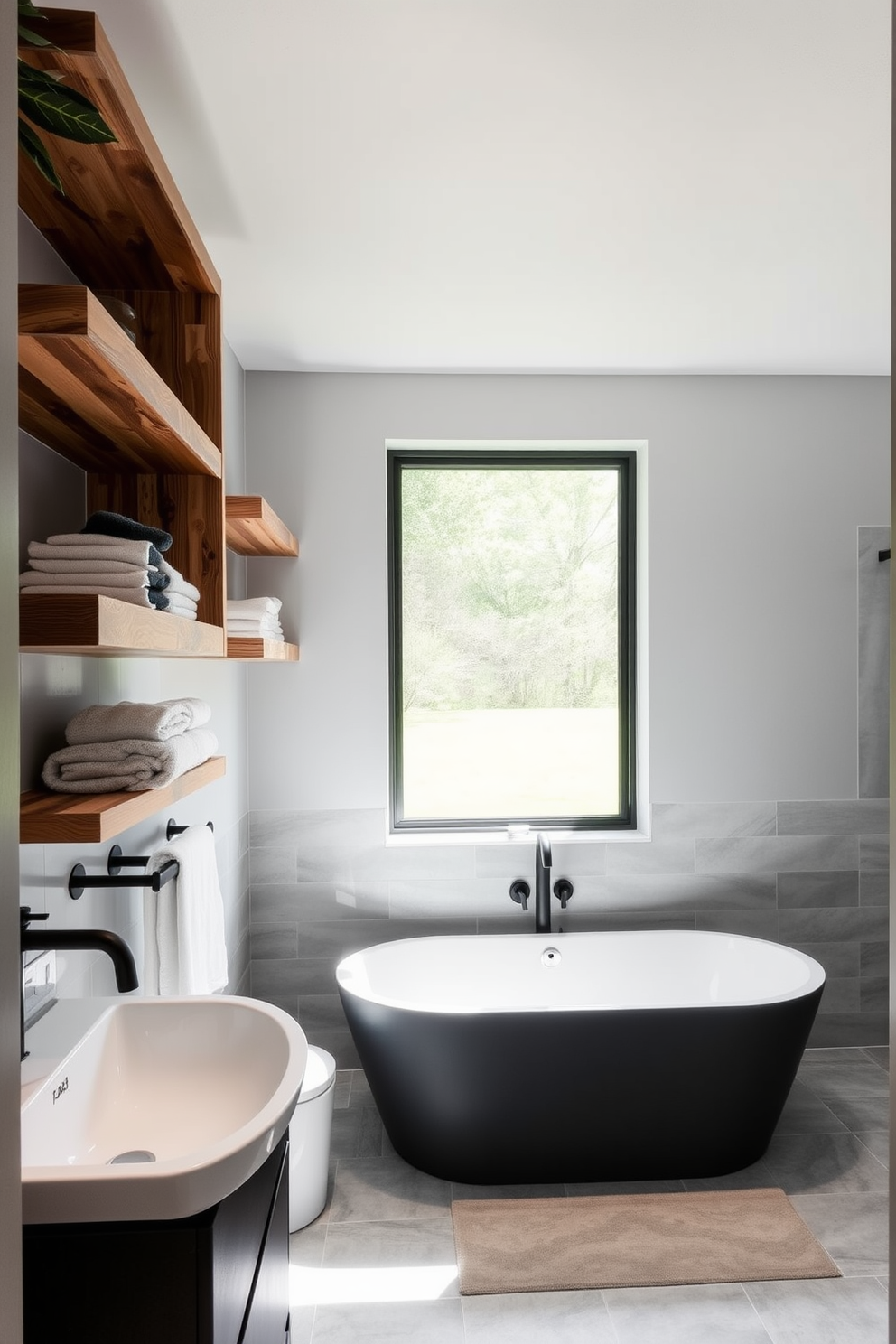 Open shelving is installed on the walls of the basement bathroom, providing easy access to toiletries and towels. The shelves are made of reclaimed wood, adding warmth to the otherwise cool-toned space. The bathroom features a modern freestanding bathtub positioned beneath a large window, allowing natural light to flood the room. Sleek fixtures in matte black contrast beautifully with the light gray tiles on the floor and walls.